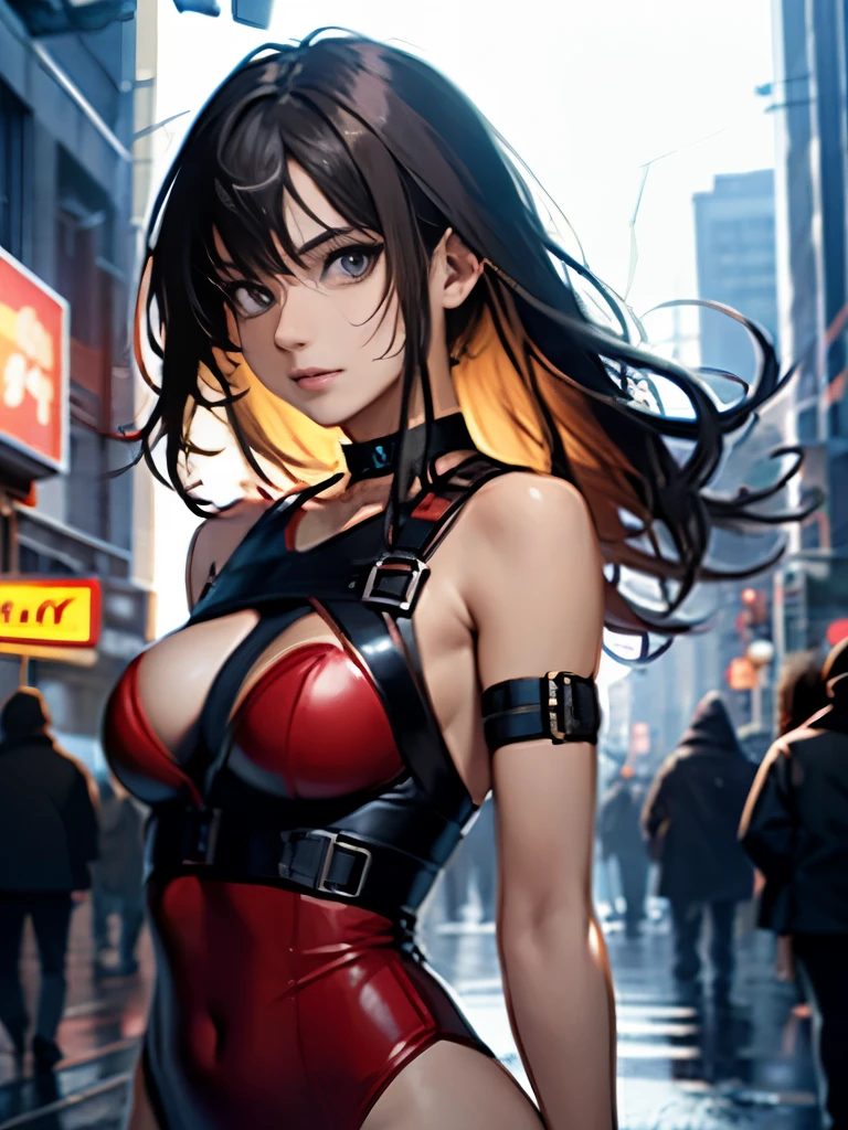 high quality　Realistic style　Very long, fluffy, slightly brown hair　droopy eyes　anxious look　sleeveless open neck red bondage suit　medium breasts　red choker　exposed thighs　ruined city at night