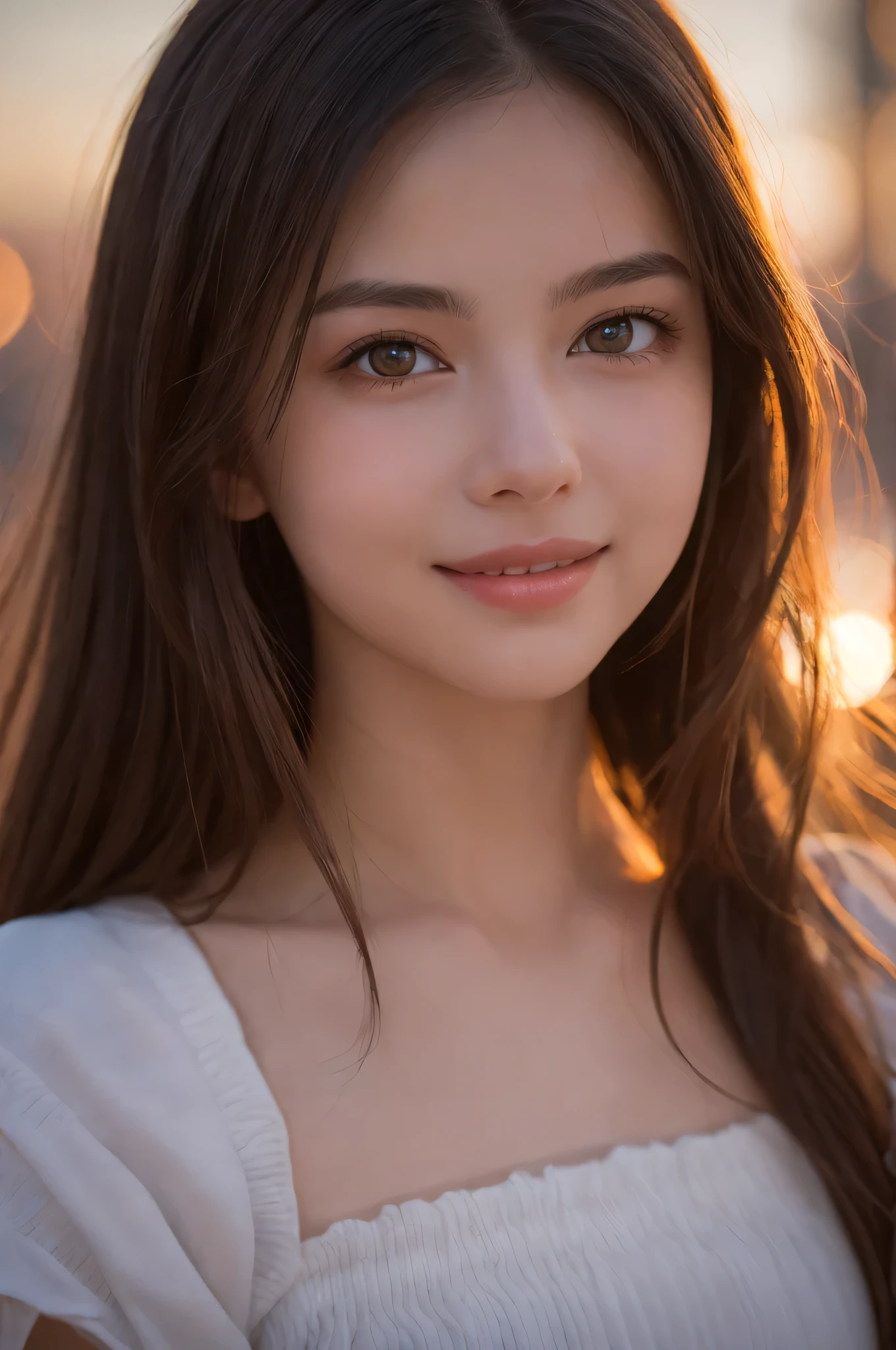 (best quality), (ultra-detailed), (llustration), (detailed light), (an extremely delicate and beautiful), 1young girl, long hair, brown eyes, (smile slightly, Innocent and cute expression), model, Enchanting, Sublime, Ethereal, fantastic, extremely detailed CG unified 8k wallpaper, High-definition raw color photos, professional photography, (Bokeh), twilight, Golden hour, Backlighting, depth of fields,