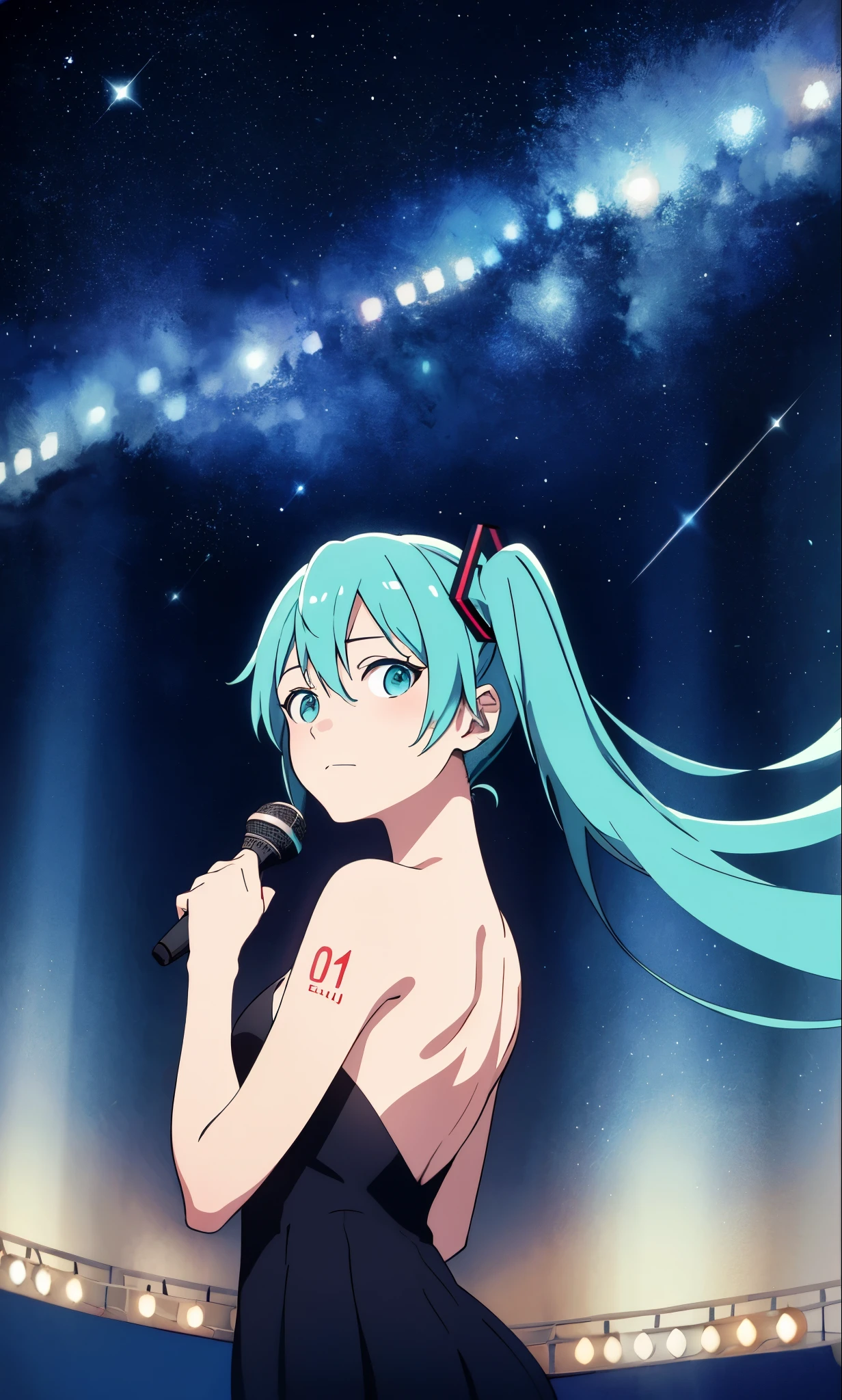 masterpiece, highest quality, hatsune miku, dark background, Upper body, (closed mouth:1.2), looking at the viewer, turn your arms behind your back, blue theme, performer, starry night, singing passionately
