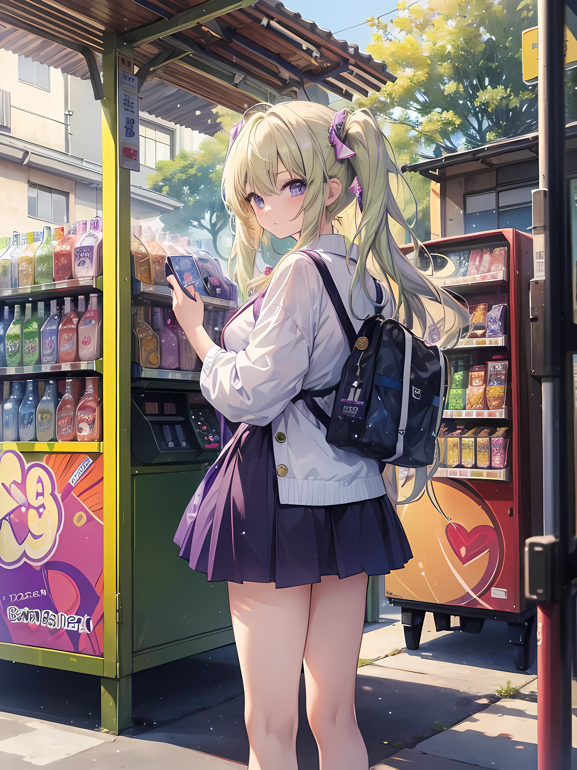 ((best quality, masterpiece, absurdres, super-resolution)) photo of beautiful jpn-gyaru, solo, Green, Blonde, Purple, White hair, standing in playground, from far, from side, glossy, beautiful anime eyes with luster reflection, beautiful, money, coins, drinks, bottled water, can soda, (ramune:1), vending machine on background