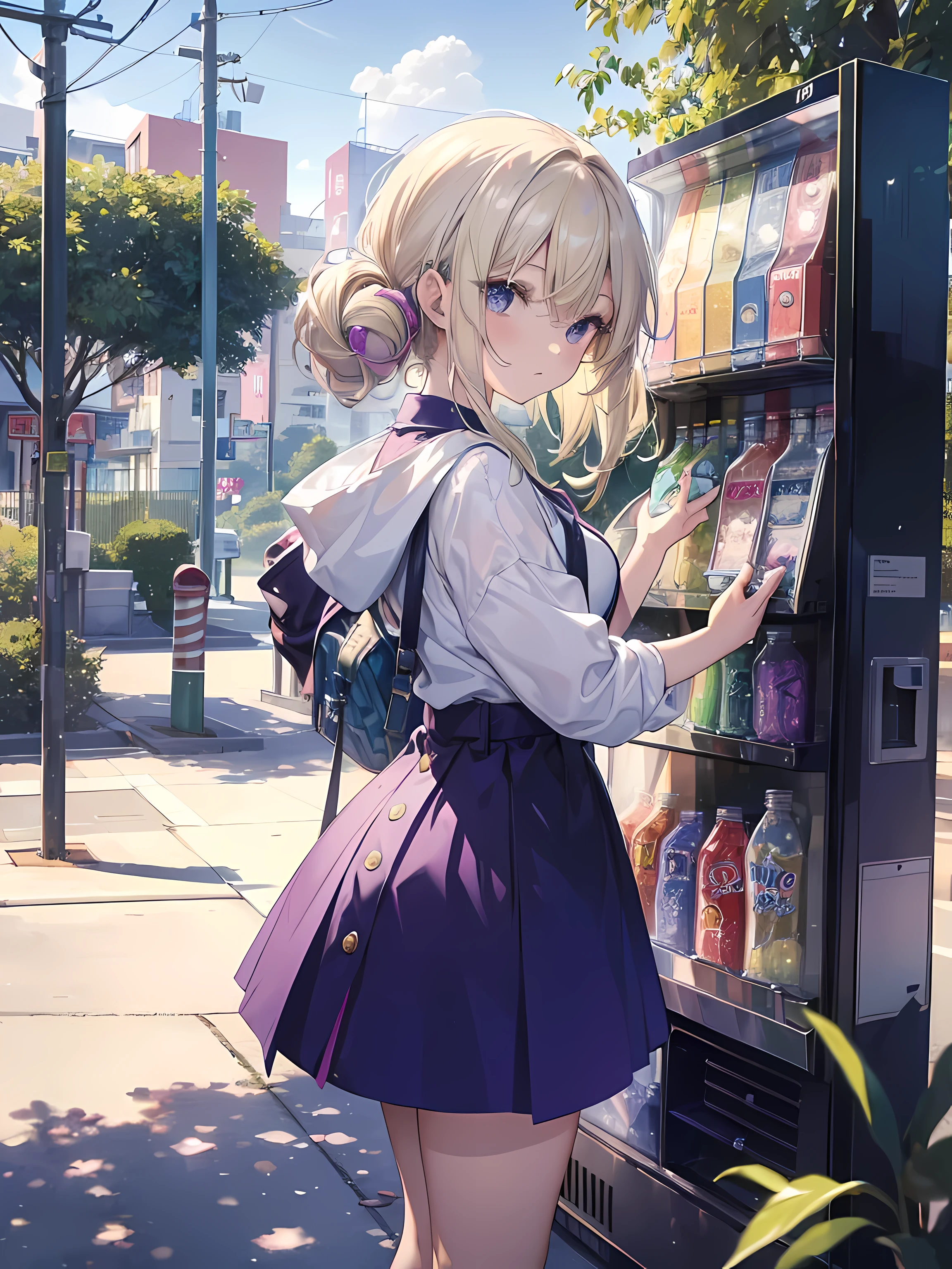 ((best quality, masterpiece, absurdres, super-resolution)) photo of beautiful jpn-gyaru, solo, Green, Blonde, Purple, White hair, standing in playground, from far, from side, glossy, beautiful anime eyes with luster reflection, beautiful, money, coins, drinks, bottled water, can soda, (ramune:1), vending machine on background