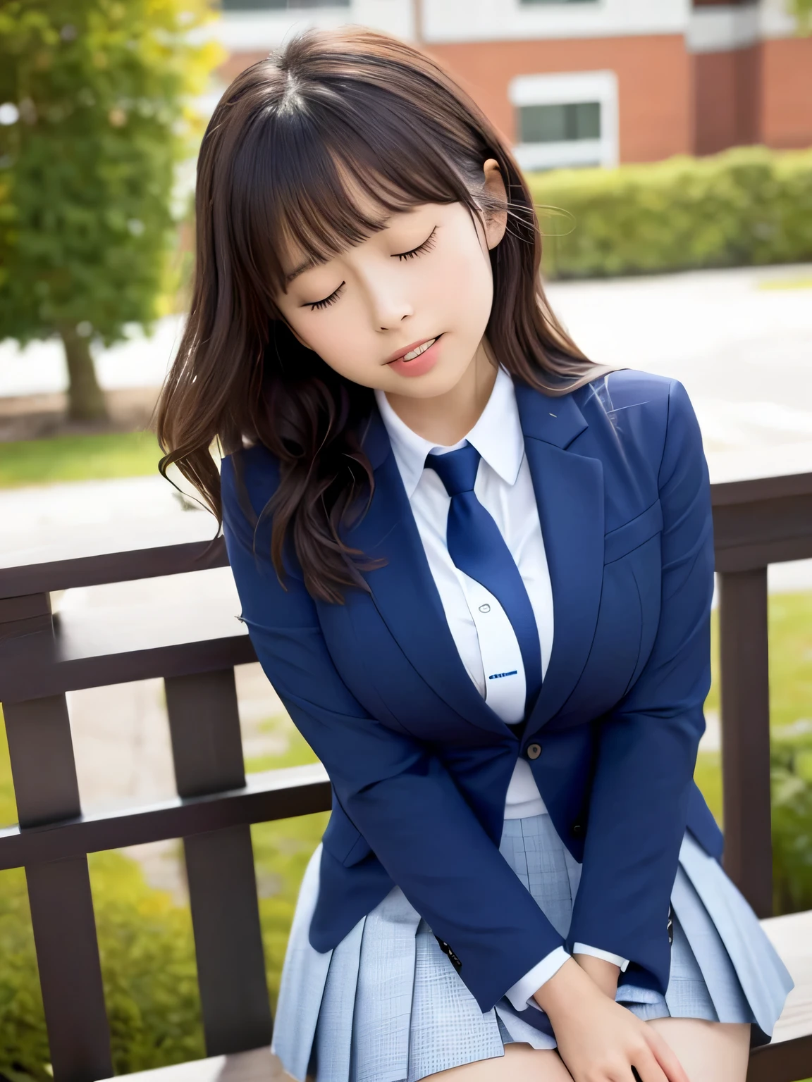 8k, highest quality, real image, intricate details, Super detailed, ultra high resolution, depth field,(realistic,realistic:1.2), (closed my eyes:1.2), (open mouth:1.3), 1 Japanese girl, very beautiful 17 year old girl, Big eyes, beautiful breasts:1.5、highly detailed eyes:1.2), (beautiful breasts:1.1), (small breasts:1.3), wavy hair、curly hair、bangs, perfect skin, Fair skin, huge hips, thick thighs, thick legs, cleavage, tight waist, light blush, alone, (a tearful look:1.2), (School_uniform),(dark blue blazer), (white shirt、wear a tie), (gray pleated skirt), (sculpture installation :1.1), break (put your hand on her crotch:1.2)
