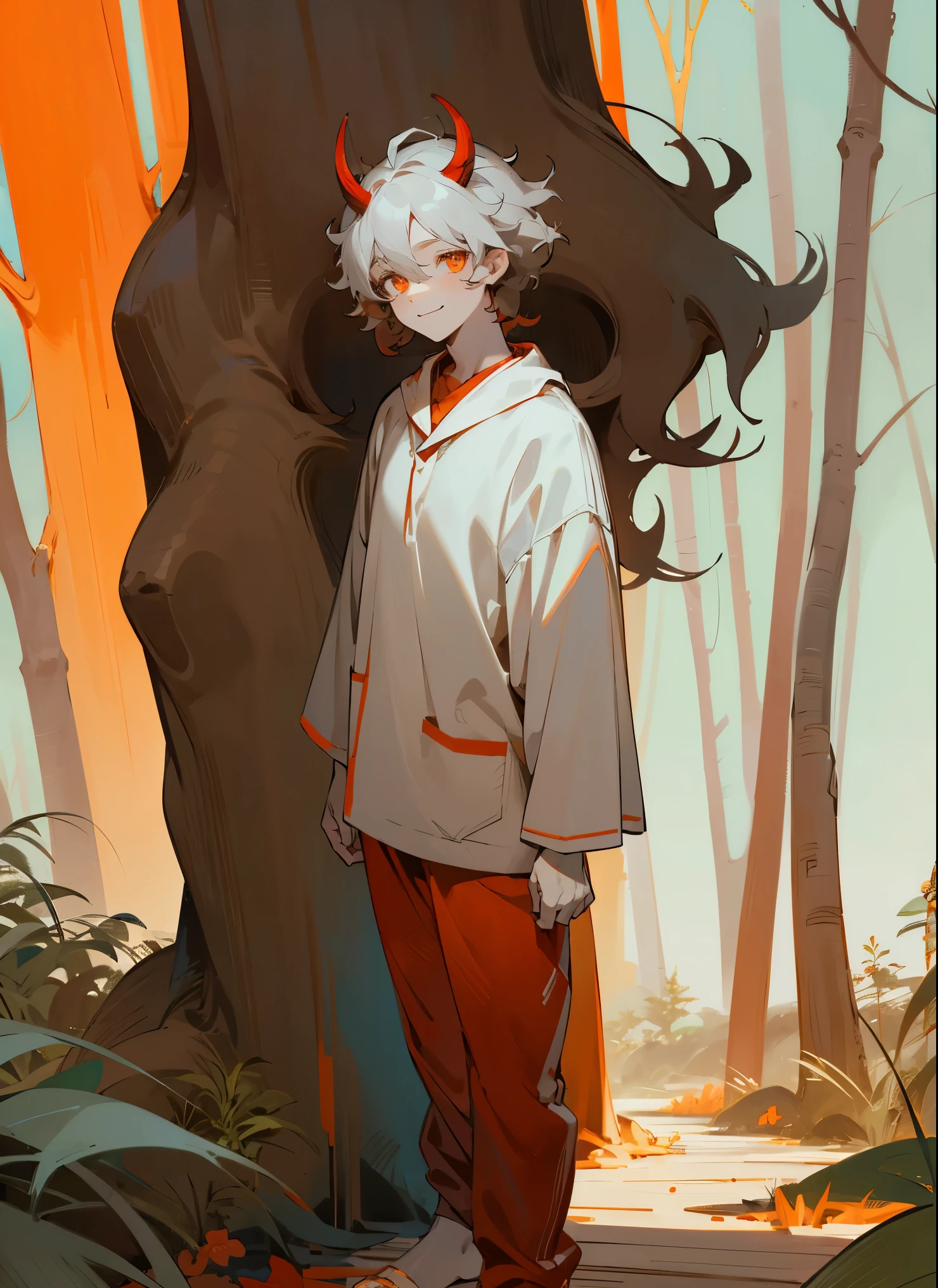 1male , Young Male , White Horns , Messy Dark Grey Hair , Wavy Hair , Orange Eyes , Red Pajamas , Calm Smile , Standing on path , Casual Clothing , Pale Blue Skin , Forest Background