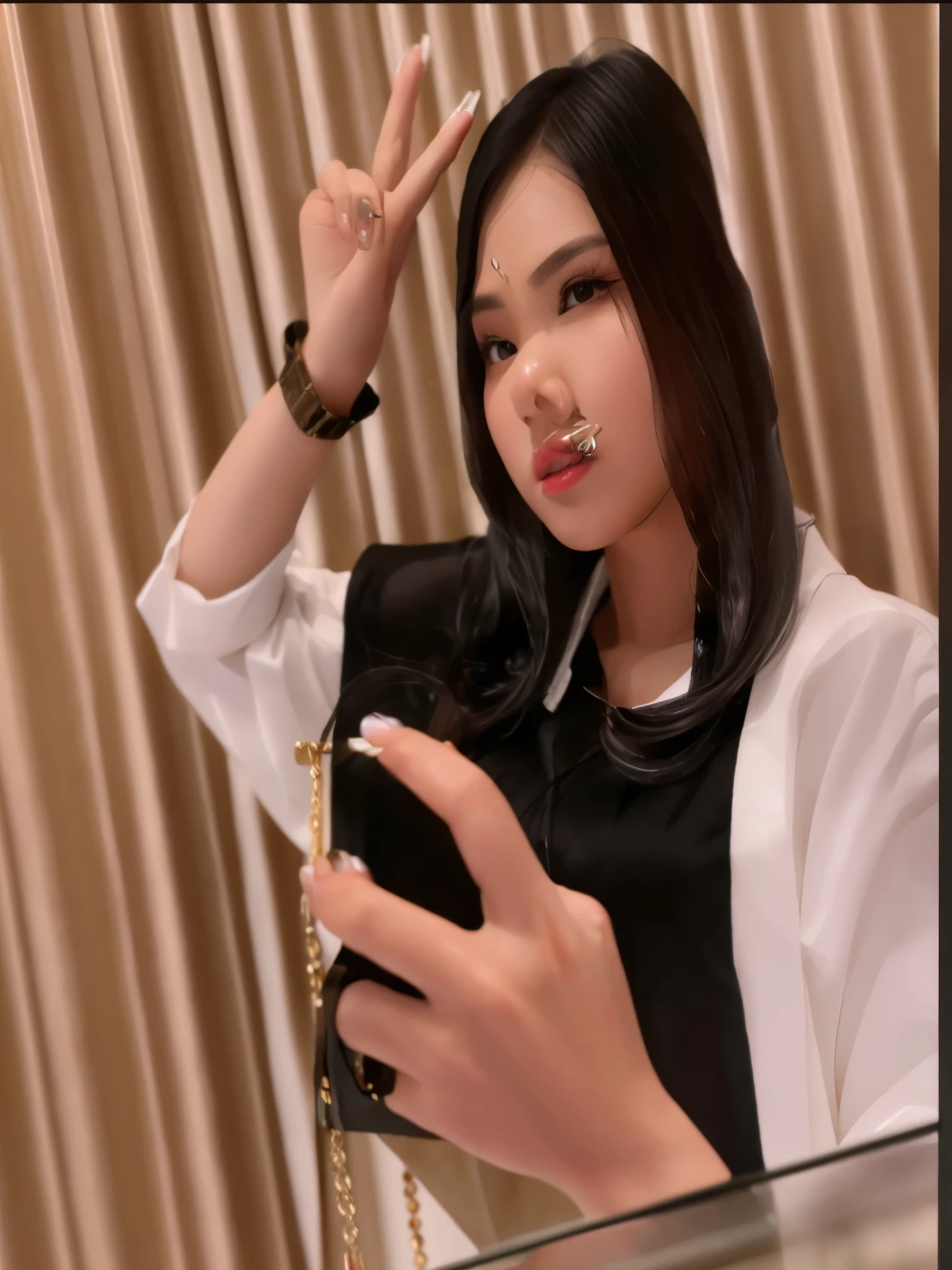 masterpiece, ultra realistic,32k,intricate detai
ls, sharp focus, realistic, closed, seductive pos
e, black eyes, jewelr, lips, realistic, wet skin, s
hiny skin, long sleeves, indonesian clothes, b
ali, balinese, cityscape,