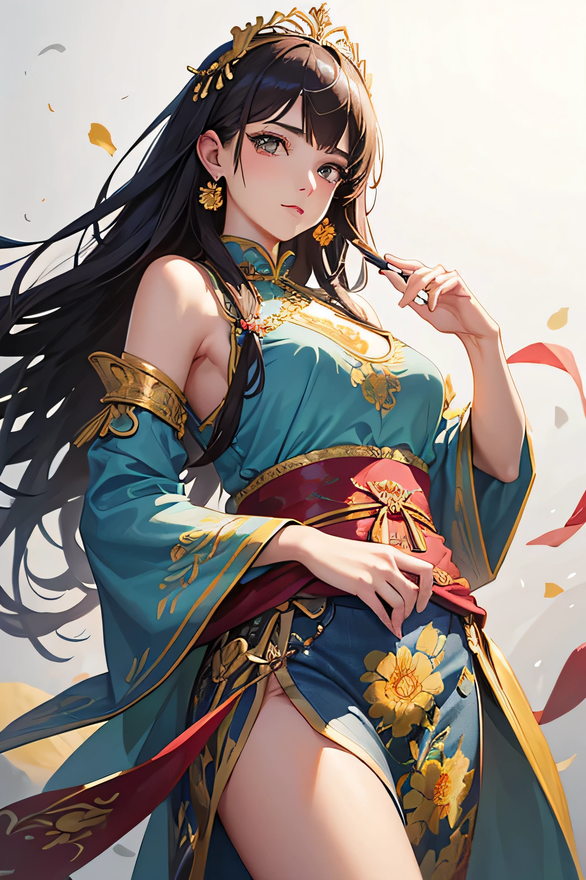 Best quality, masterpiece, super detailed high resolution, (realistic: 1.4), watercolor style, illustration, dazzling background color,, 1 Girl Holding Weapon, (Solo Exhibition: 1.2), (Denim Lens: 1.2), (Hair Crown: 1.2), Chinese Dunhuang Traditional Costume, No Straps, (Red Eyeliner: 1.2), (: 1.4), Earrings, Dynamic Angle, Opera House, messy_long_hair, Ink, Movie Lights, lens_flare, Velvet, Chrysanthemum, Tassels, Ribbons, Color Embroidery,