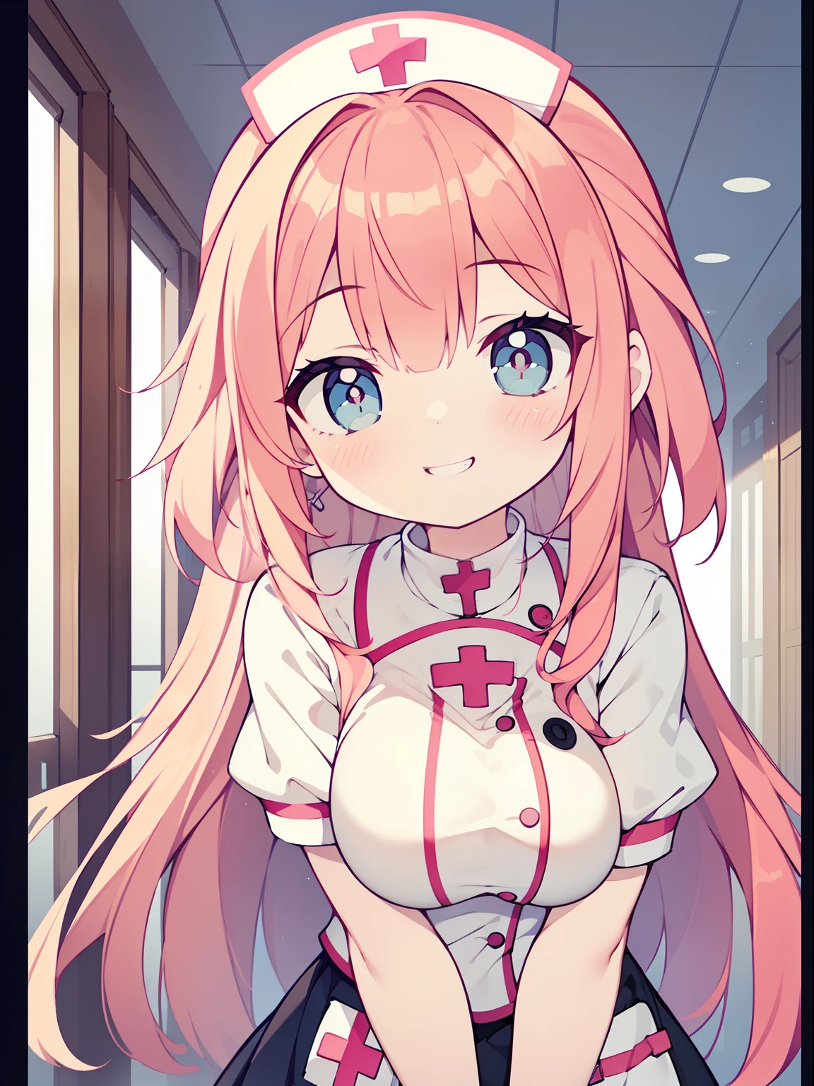 (nurse girl:1.2), (1 person:1.2),( girl)、young girl、big breasts、 nffsw、shader、highly detailed eyes、nurse costume(light pink nurse uniform、private server、silk gloves、mini skirt)、long straight hair、underride 、pink hair、silky hair、super complex pupil of the eye、highest quality、bright colors、bust 100、game portrait、stirring composition、Composition looking up from below、Lift your with your hands、Pose that emphasizes the chest、fold your arms、grinning expression、eyes half closed、open your mouth、fold your hands behind your back、Hide your hands、evil smile、whole body、beautiful