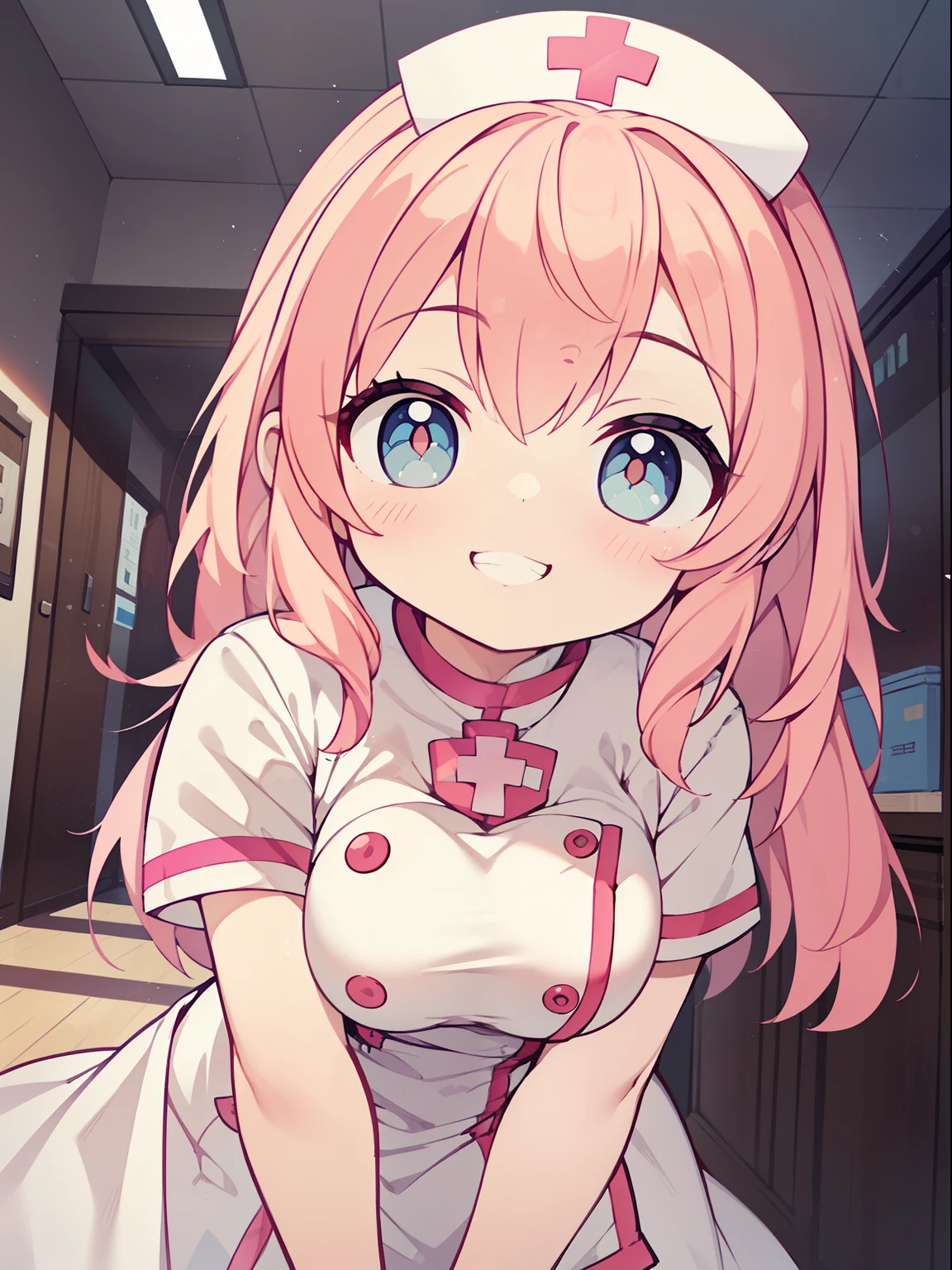 (nurse girl:1.2), (1 person:1.2),(10 year old girl)、young girl、big breasts、 nffsw、shader、highly detailed eyes、nurse costume(light pink nurse uniform、private server、silk gloves、mini skirt)、long straight hair、underride 、pink hair、silky hair、super complex pupil of the eye、highest quality、bright colors、bust 100、game portrait、stirring composition、Composition looking up from below、Lift your with your hands、Pose that emphasizes the chest、fold your arms、grinning expression、eyes half closed、open your mouth、fold your hands behind your back、Hide your hands、evil smile、whole body、beautiful