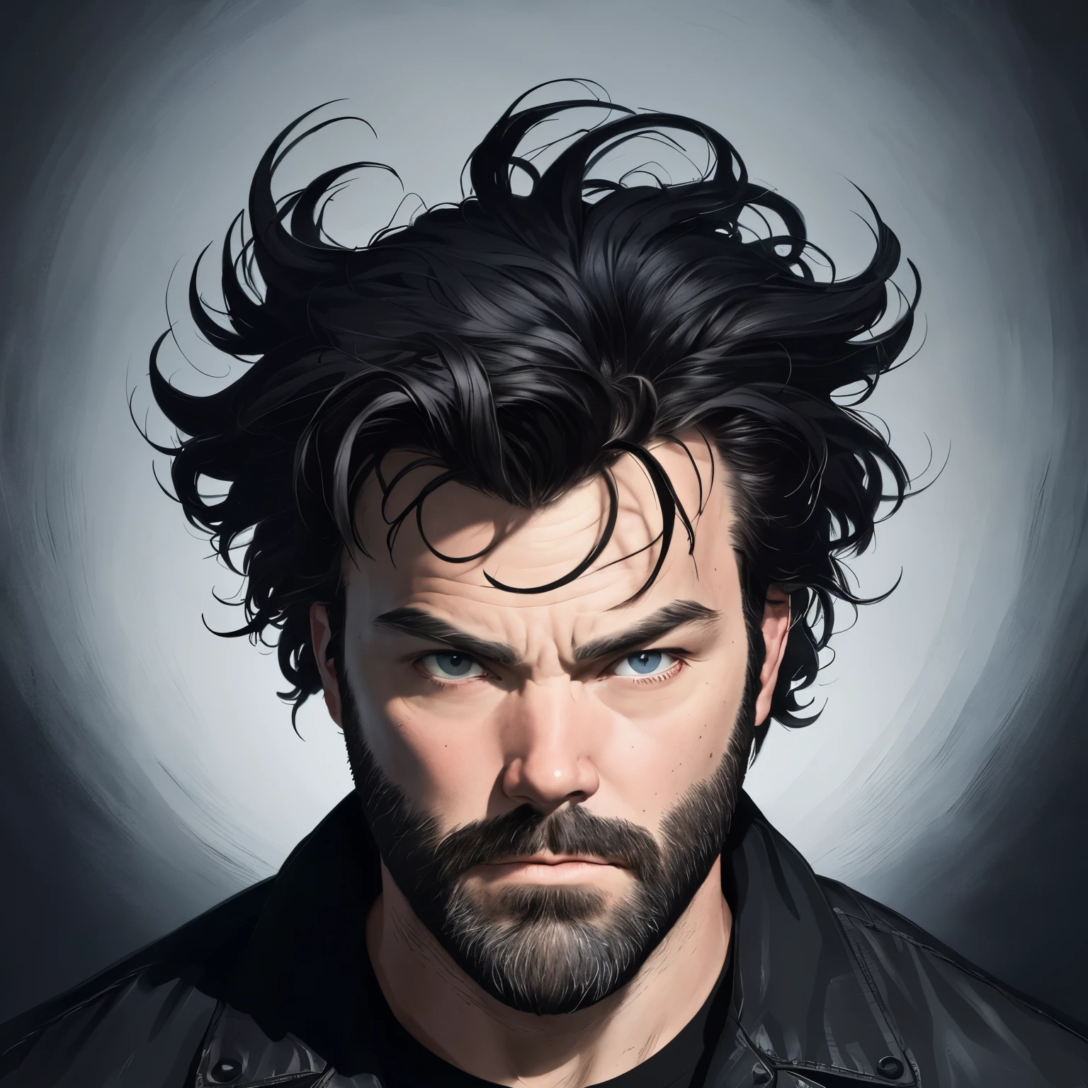 A striking and unforgettable portrait of a man, whose face embodies the distinct features of Ben Affleck and Jack Black. His visage, a captivating blend of their charisma, boasts a chiseled jawline and a playful smirk, framed by messy, tousled hair. The contrast between the intense gaze of Affleck and the zany expressiveness of Jack Black is perfectly balanced, creating a unique and intriguing identity.
This image is brought to life through the masterful brushstrokes of renowned artists like Dan Mumford, Greg Rutkowski, and James Jean. The background is minimalist, with a rich, black canvas serving as the