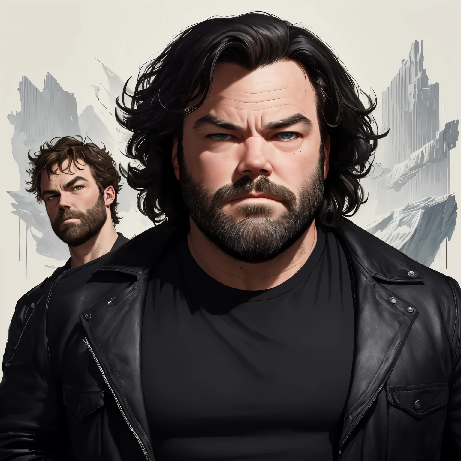 A striking and unforgettable portrait of a man, whose face embodies the distinct features of Ben Affleck and Jack Black. His visage, a captivating blend of their charisma, boasts a chiseled jawline and a playful smirk, framed by messy, tousled hair. The contrast between the intense gaze of Affleck and the zany expressiveness of Jack Black is perfectly balanced, creating a unique and intriguing identity.
This image is brought to life through the masterful brushstrokes of renowned artists like Dan Mumford, Greg Rutkowski, and James Jean. The background is minimalist, with a rich, black canvas serving as the