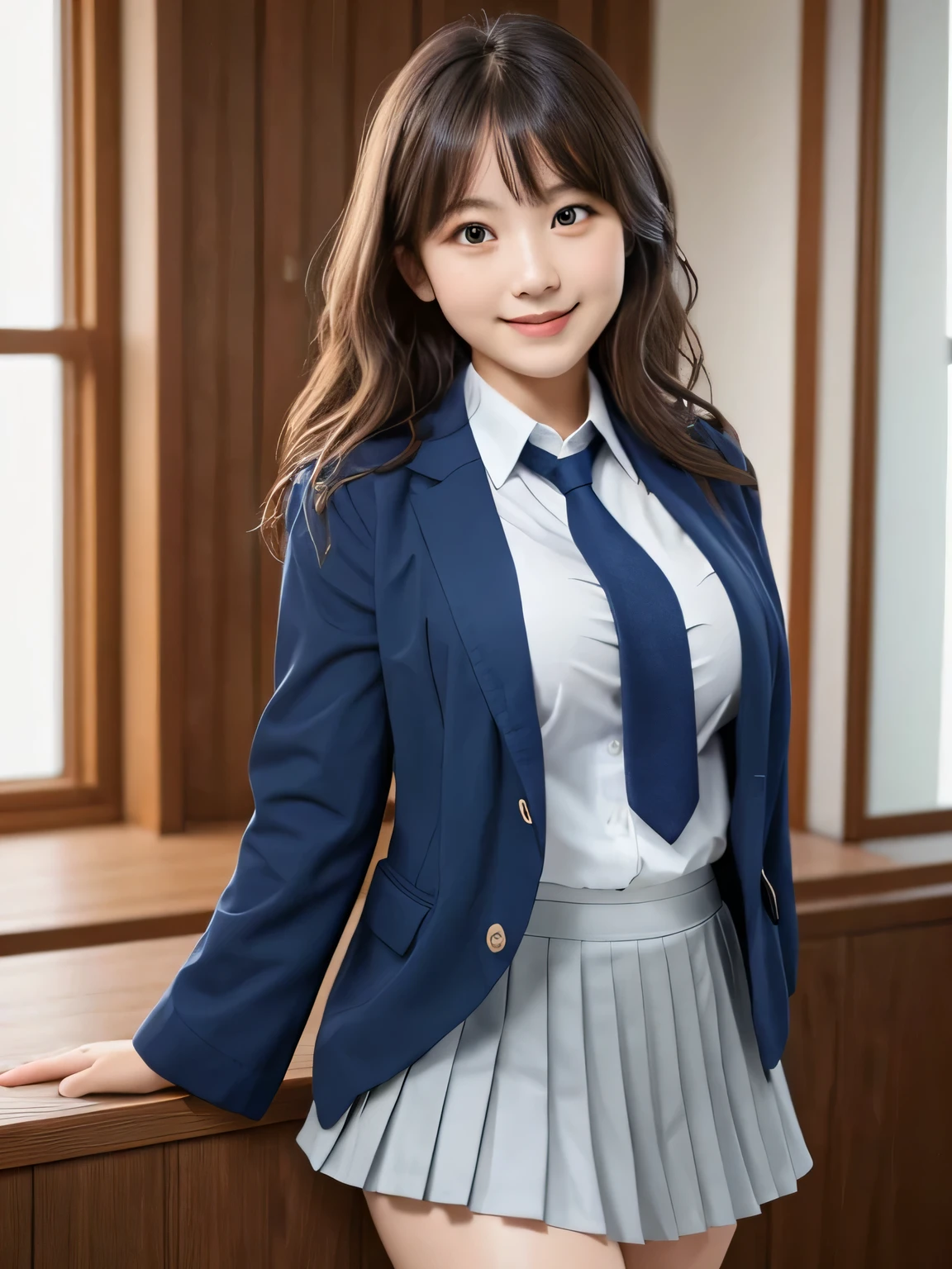 8k, highest quality, real image, intricate details, Super detailed, ultra high resolution, depth field,(realistic,realistic:1.2), (black eye), from the middle, 1 Japanese female, very beautiful 17 year old girl, Big eyes, beautiful breasts:1.5、highly detailed eyes:1.2), (beautiful breasts:1.1), (small breasts:1.5), wavy hair、curly hair、bangs, perfect skin, Fair skin, huge hips, thick thighs, thick legs, cleavage, tight waist, light blush, alone, looking at the viewer, (smile:1.4), ((School_uniform),(dark blue blazer), (white shirt、wear a tie), (gray pleated skirt), (sculpture installation :1.1)