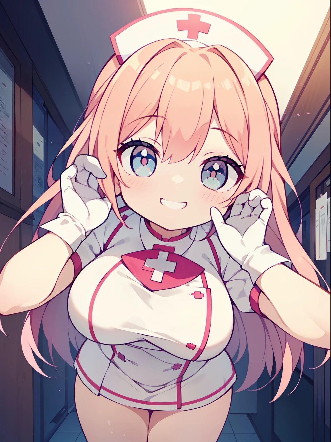 (nurse girl:1.2), (1 person:1.2),( girl)、young girl、big breasts、 nffsw、shader、highly detailed eyes、nurse costume(light pink nurse uniform、private server、silk gloves、mini skirt)、long straight hair、underride 、pink hair、silky hair、super complex pupil of the eye、highest quality、bright colors、bust 100、game portrait、stirring composition、Composition looking up from below、Lift your with your hands、Pose that emphasizes the chest、fold your arms、grinning expression、eyes half closed、open your mouth、fold your hands behind your back、Hide your hands、evil smile、whole body、beautiful