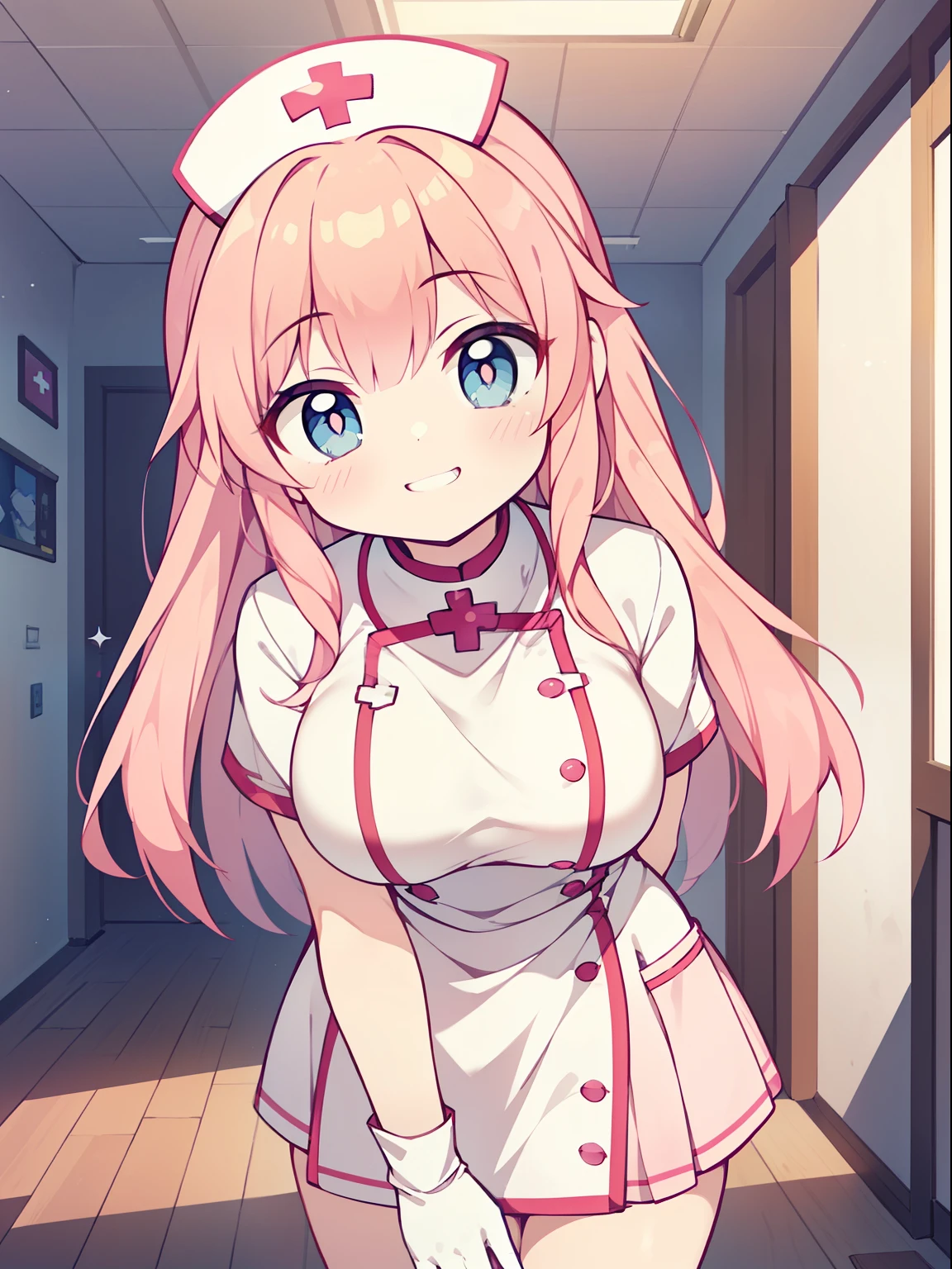 (nurse girl:1.2), (1 person:1.2),(10 year old girl)、young girl、big breasts、 nffsw、shader、highly detailed eyes、nurse costume(light pink nurse uniform、private server、silk gloves、mini skirt)、long straight hair、underride 、pink hair、silky hair、super complex pupil of the eye、highest quality、bright colors、bust 100、game portrait、stirring composition、Composition looking up from below、Lift your with your hands、Pose that emphasizes the chest、fold your arms、grinning expression、eyes half closed、open your mouth、fold your hands behind your back、Hide your hands、evil smile、whole body、beautiful