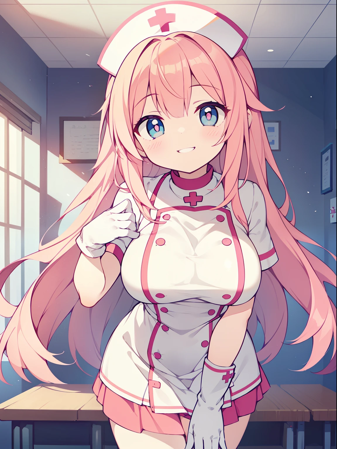 (nurse girl:1.2), (1 person:1.2),(10 year old girl)、young girl、big breasts、 nffsw、shader、highly detailed eyes、nurse costume(light pink nurse uniform、private server、silk gloves、mini skirt)、long straight hair、underride 、pink hair、silky hair、super complex pupil of the eye、highest quality、bright colors、bust 100、game portrait、stirring composition、Composition looking up from below、Lift your with your hands、Pose that emphasizes the chest、fold your arms、grinning expression、eyes half closed、open your mouth、fold your hands behind your back、Hide your hands、evil smile、whole body、beautiful