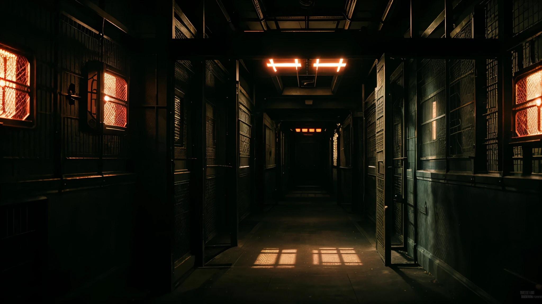dark hallway, sci-fi prison, cages on the corners, science fiction, inside the pirates ship, slavery ship,best quality,4k,8k,highres,masterpiece:1.2,ultra-detailed,realistic,photorealistic:1.37,[HDR],[UHD],studio lighting,ultra-fine painting,sharp focus,physically-based rendering,extreme detail description,professional,dark colors,bokeh,portraits,landscape,horror,anime,sci-fi,photography,concept artists,cool-toned colors,dramatic lighting, horror, terifying, scary, (((cages))), (((prison))), (((red light))), ((dark))