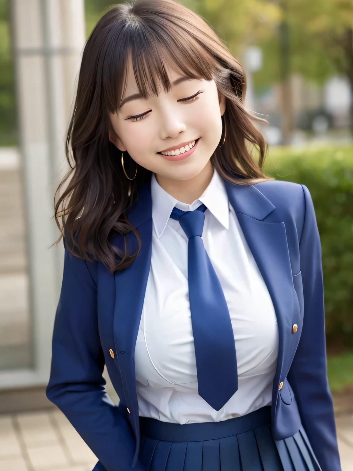 8k, highest quality, real image, intricate details, Super detailed, ultra high resolution, depth field,(realistic,realistic:1.2), (closed my eyes:1.2), (open mouth:1.3), 1 Japanese girl, very beautiful girl, Big eyes, beautiful breasts:1.5、highly detailed eyes:1.2), (beautiful breasts:1.1), (small breasts:1.3), wavy hair、curly hair、bangs, perfect skin, Fair skin, huge hips, thick thighs, thick legs, tight waist, light blush, alone, (smile:1.4), (School_uniform),(dark blue blazer), (white shirt、wear a tie), (gray pleated skirt), (sculpture installation :1.1), break (put your hand on her crotch:1.2)