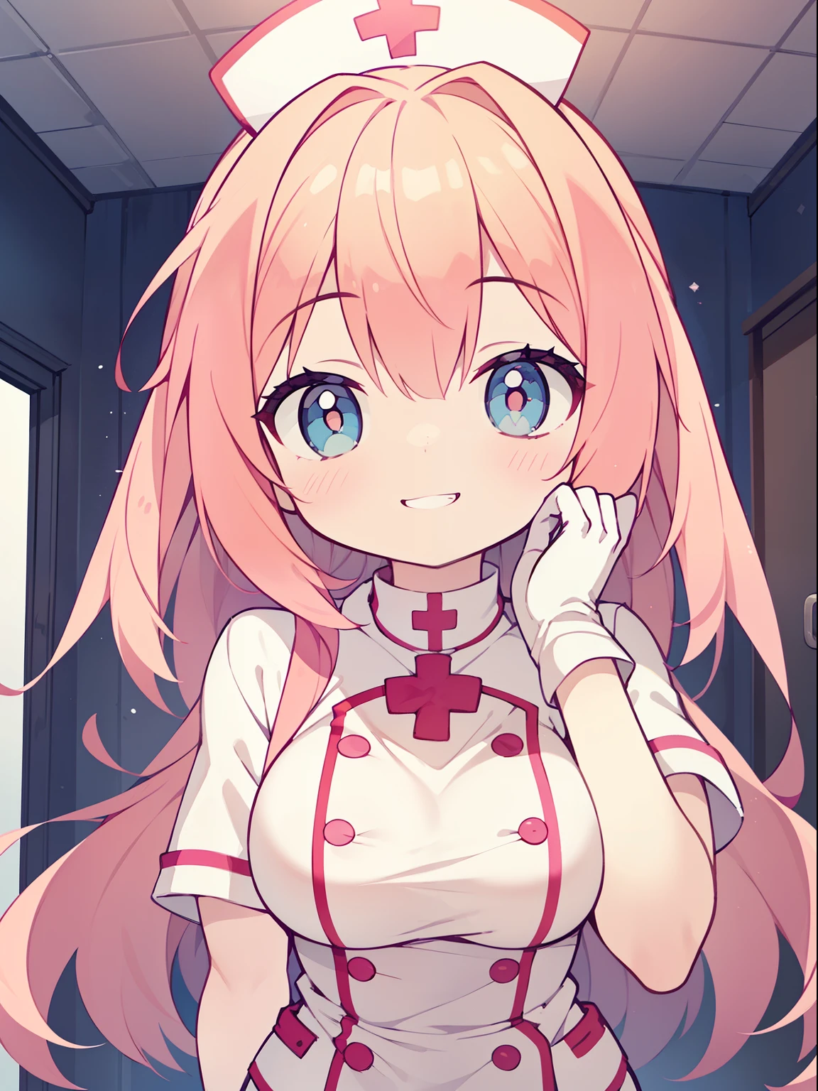 (nurse girl:1.2), (1 person:1.2),(10 year old girl)、young girl、big breasts、 nffsw、shader、highly detailed eyes、nurse costume(light pink nurse uniform、private server、silk gloves、mini skirt)、long straight hair、underride 、pink hair、silky hair、super complex pupil of the eye、highest quality、bright colors、bust 100、game portrait、stirring composition、Composition looking up from below、Lift your with your hands、Pose that emphasizes the chest、fold your arms、grinning expression、eyes half closed、open your mouth、fold your hands behind your back、Hide your hands、evil smile、whole body、beautiful