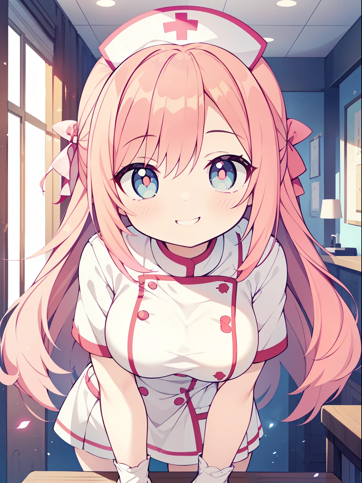 (nurse girl:1.2), (1 person:1.2),( girl)、young girl、big breasts、 nffsw、shader、highly detailed eyes、nurse costume(light pink nurse uniform、private server、silk gloves、mini skirt)、long straight hair、underride 、pink hair、silky hair、super complex pupil of the eye、highest quality、bright colors、bust 100、game portrait、stirring composition、Composition looking up from below、Lift your with your hands、Pose that emphasizes the chest、fold your arms、grinning expression、eyes half closed、open your mouth、fold your hands behind your back、Hide your hands、evil smile、whole body、beautiful