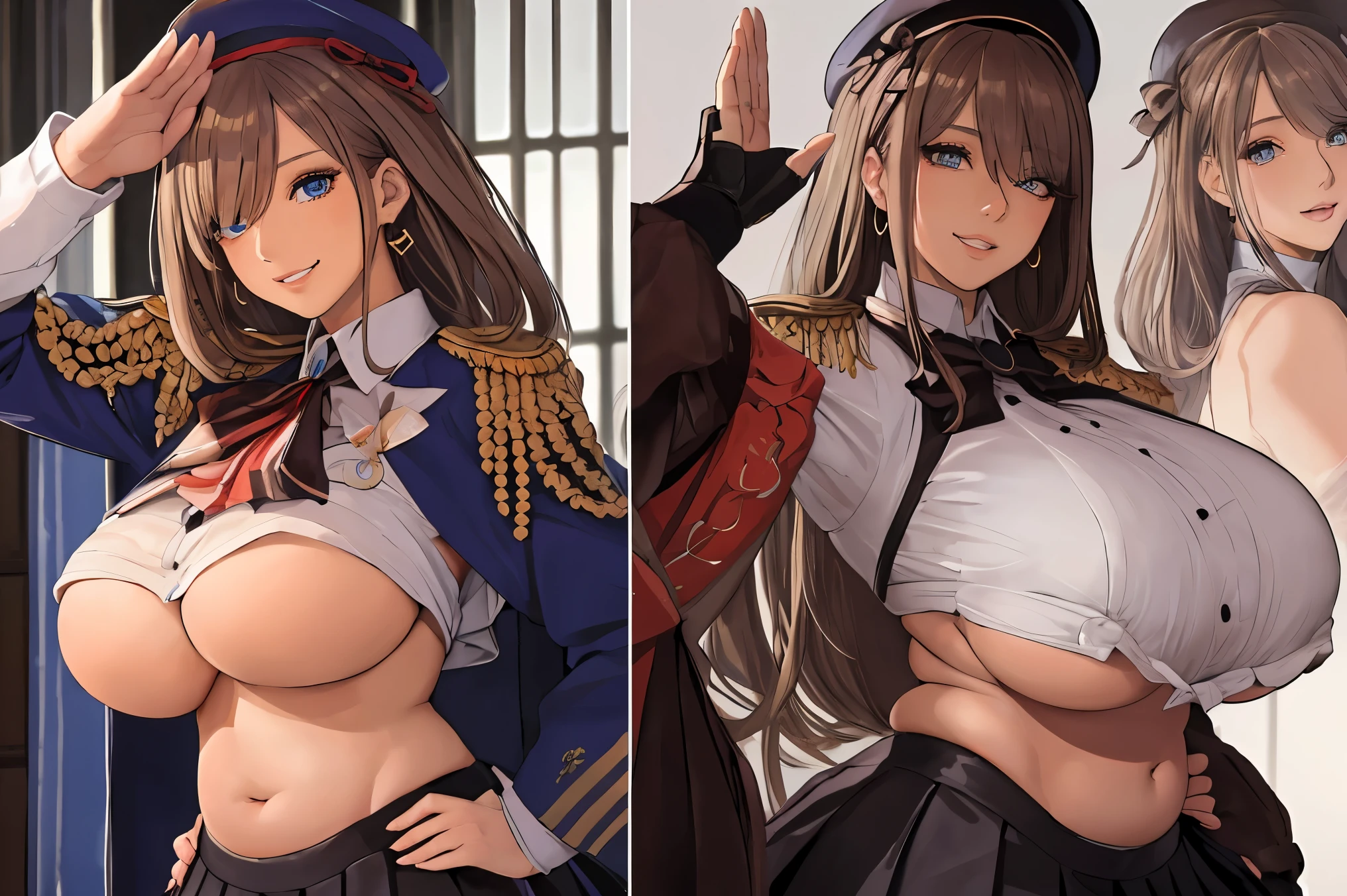 (NSFW), lulu suzuhara, blue eyes, brown hair, hair ornament, hair over one eye, hair ribbon,, glowing eyes, shiny glossy skin, oily skin, gleaming skin, (underboob:1.2), navel, midriff, hands on waist, (epaulettes:1.2), miniskirt, pleated skirt, (magical girl uniform:1.2), long sleeve, (skirt), military cap, grin, smirk, extremely thick lips, extremely long eyelashes, nipple, (huge breasts:1.3), wide hips, thich thighs, narrow waist, (chubby, plump), big belly, cameltoe, (salute),hand on hip, earrings