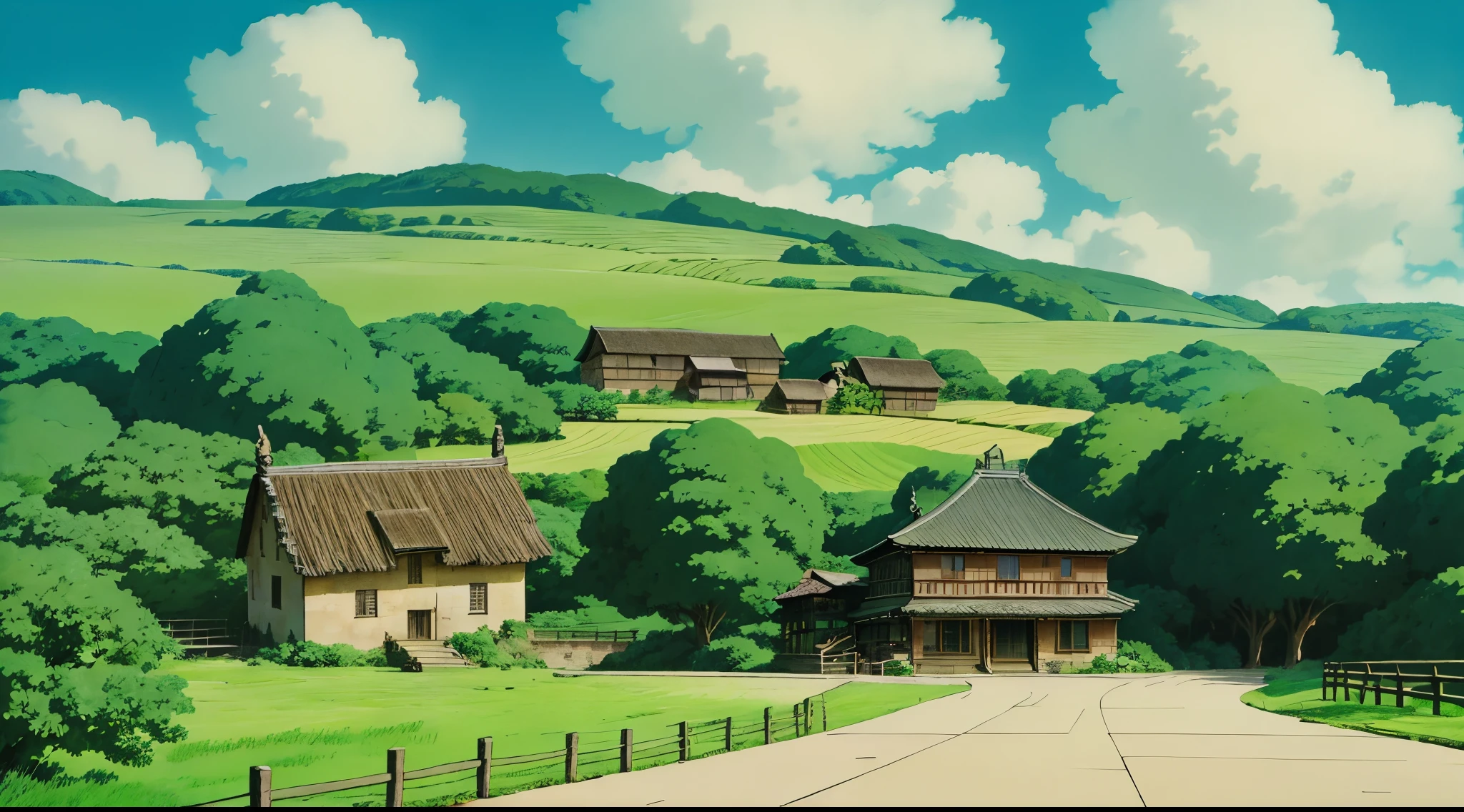 and soul、background art、beautiful scenery、god々々Shikai、Natural objects、studio ghibli style、You can feel the feel of the brush、countryside scenery、sky and clouds