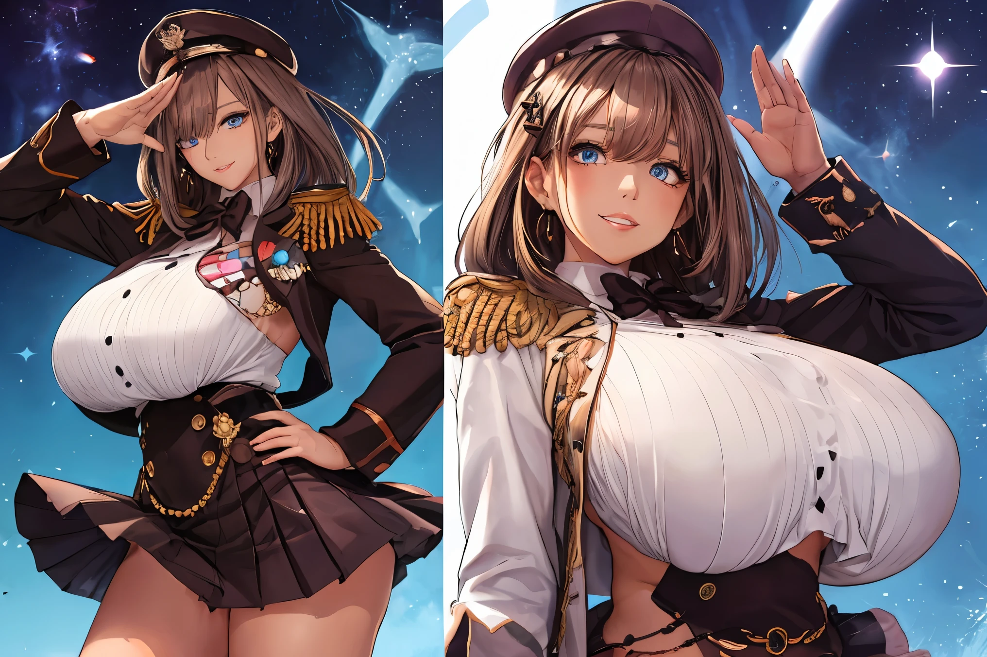 (NSFW), lulu suzuhara, blue eyes, brown hair, hair ornament, hair over one eye, hair ribbon,, glowing eyes, shiny glossy skin, oily skin, gleaming skin, (underboob:1.2), navel, midriff, hands on waist, (epaulettes:1.2), miniskirt, pleated skirt, (magical girl uniform:1.2), long sleeve, (skirt), military cap, grin, smirk, extremely thick lips, extremely long eyelashes, nipple, (huge breasts:1.3), wide hips, thich thighs, narrow waist, (chubby, plump), big belly, cameltoe, (salute),hand on hip, earrings