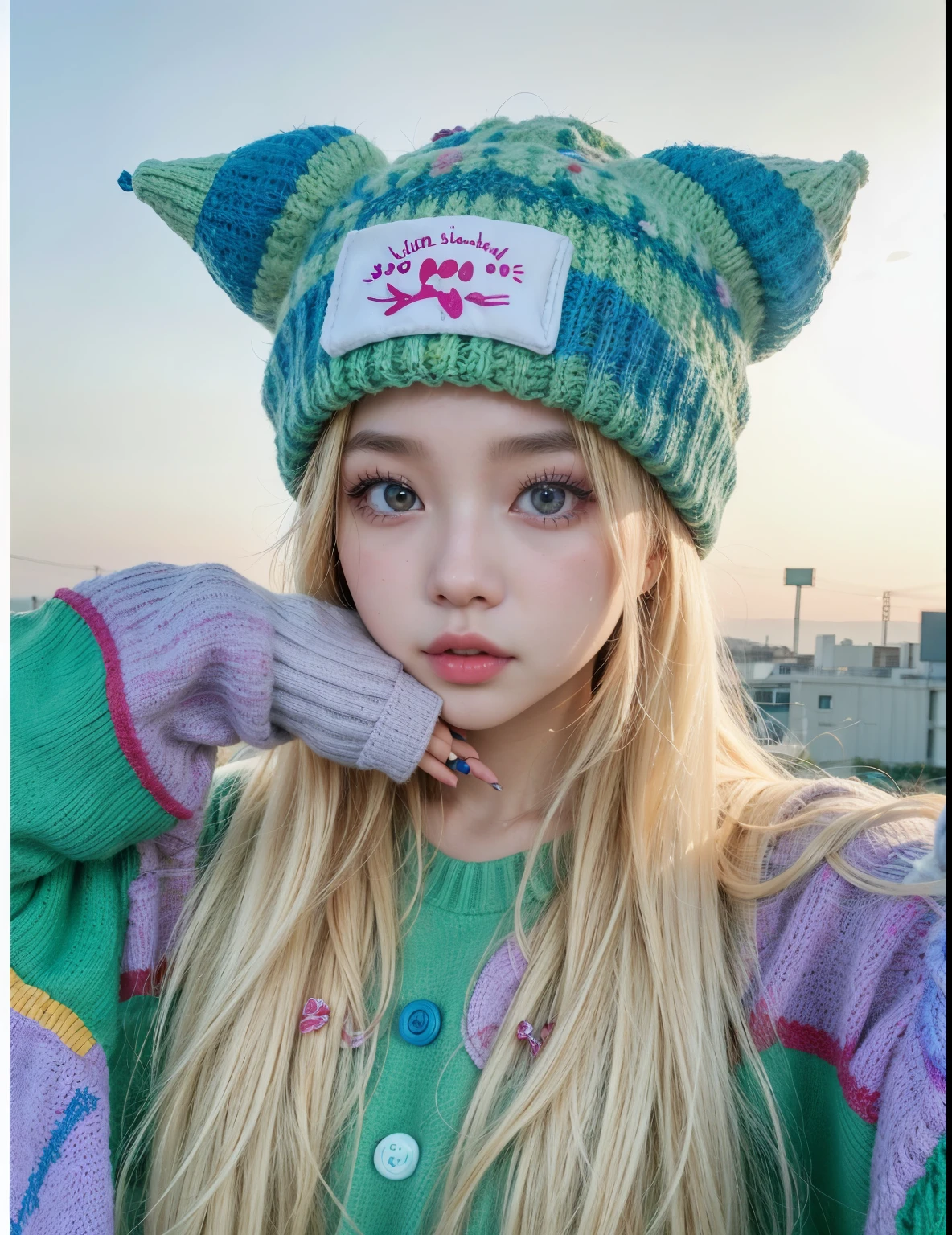 a close up of a person wearing a hat and sweater, cl, roseanne park of blackpink, ulzzang, ava max, cute colorful adorable, sakimichan, portrait of kim petras, e - girl, e-girl, kemonomimi, y 2 k cutecore clowncore, very beautiful cute catgirl, belle delphine