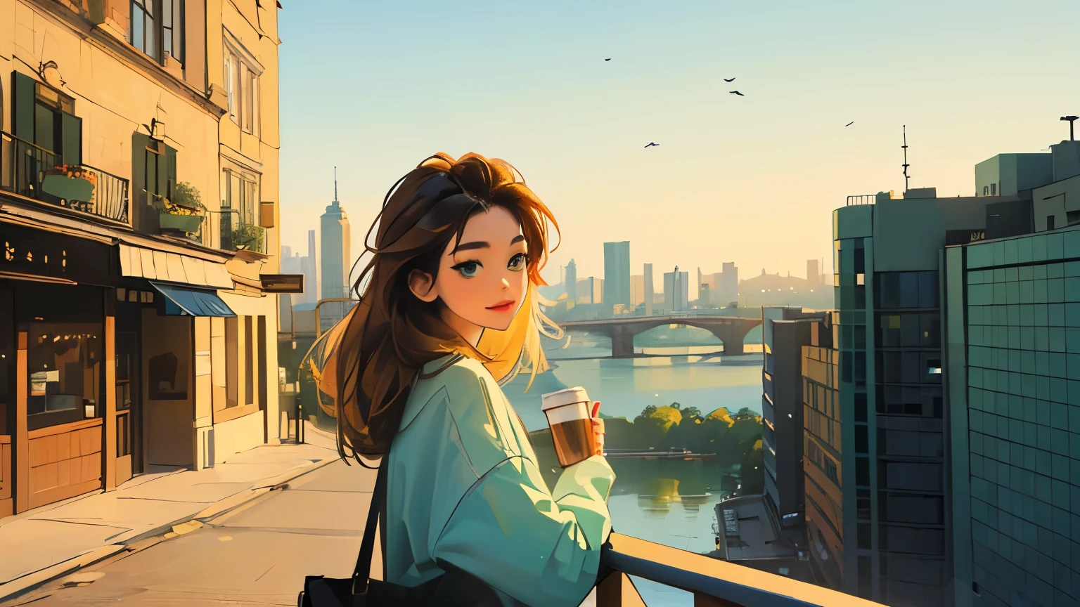 ((masterpiece)),(((bestquality))),((ultra-detailed)) realisticlying, 1 girl, Beautiful, enjoying coffee solo, The sky turnsat morning, looking to viewer, soft green, city.