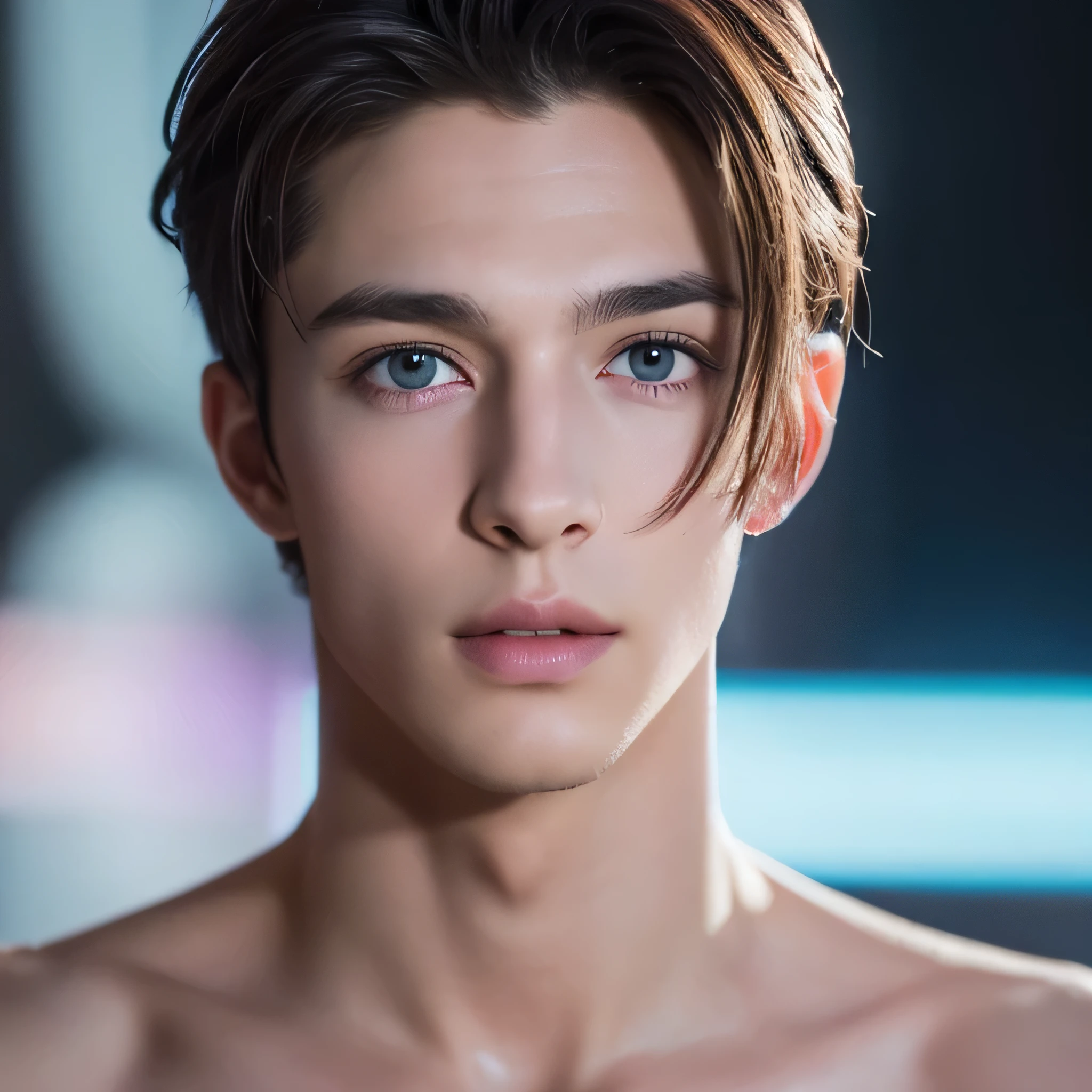 (meilleure qualité,4K,8K,haute résolution,chef-d&#39;Ouvrages d&#39;art:1.2), Ultra-détaillé, (réaliste,photoréaliste,photo-réaliste:1.37), un jeune homme blanc âgé de 18 ans, aux cheveux noirs mi-longs; vue de face, (Beaux yeux détaillés:1.1), (belles lèvres détaillées:1.1), (Yeux et visage extrêmement détaillés:1.1), long cils, (portrait:1.2), (Éclairage des studios:1.1), (Couleurs vives:1.1), (Bokeh:0.9), éclairage doux, ton de couleur violet.