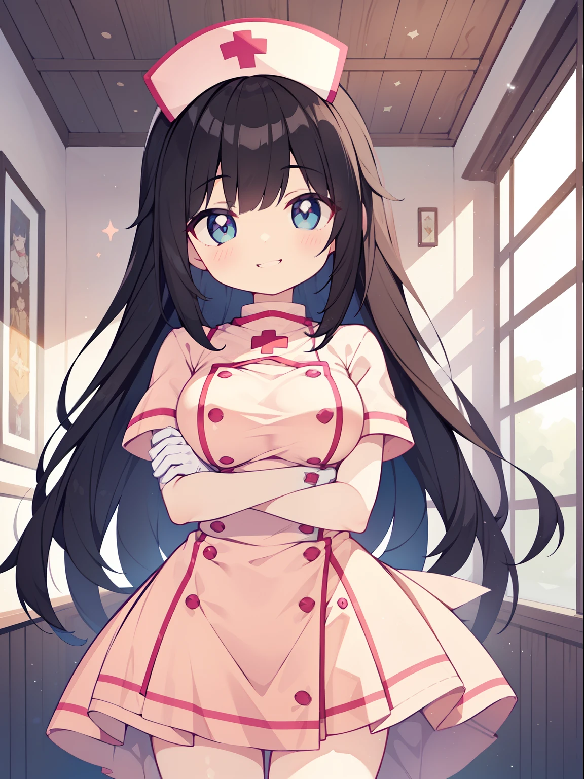 (nurse girl:1.2), (1 person:1.2),(10 year old girl)、young girl、big breasts、 nffsw、shader、highly detailed eyes、nurse costume(light pink nurse uniform、private server、silk gloves、mini skirt)、long straight hair、underride 、black hair、silky hair、super complex pupil of the eye、highest quality、bright colors、bust 100、game portrait、stirring composition、Composition looking up from below、Lift your with your hands、Pose that emphasizes the chest、fold your arms、grinning expression、eyes half closed、open your mouth、fold your hands behind your back、Hide your hands、evil smile、whole body、beautiful