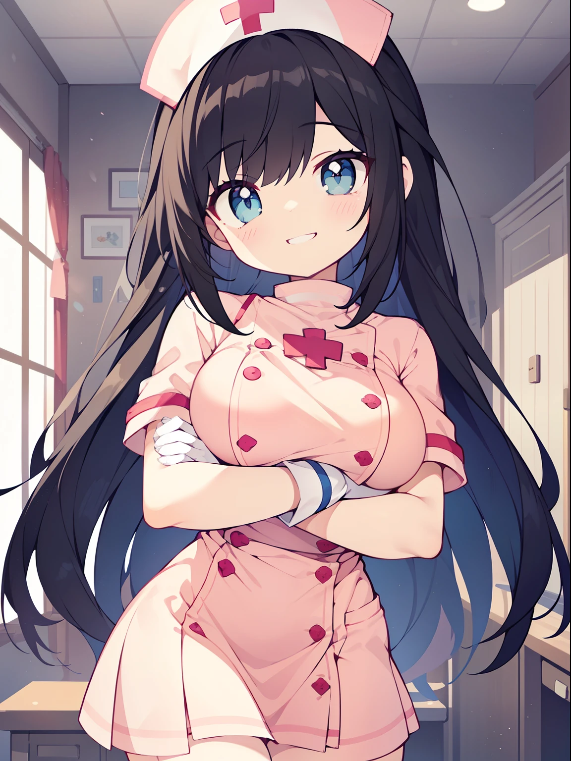 (nurse girl:1.2), (1 person:1.2),(10 year old girl)、young girl、big breasts、 nffsw、shader、highly detailed eyes、nurse costume(light pink nurse uniform、private server、silk gloves、mini skirt)、long straight hair、underride 、black hair、silky hair、super complex pupil of the eye、highest quality、bright colors、bust 100、game portrait、stirring composition、Composition looking up from below、Lift your with your hands、Pose that emphasizes the chest、fold your arms、grinning expression、eyes half closed、open your mouth、fold your hands behind your back、Hide your hands、evil smile、whole body、beautiful