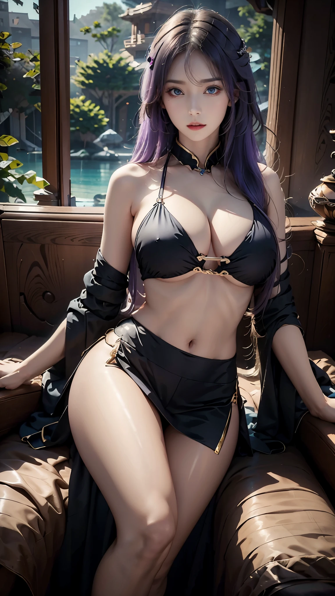 masterpiece, best quality, 1 girl, Official, purple eyes, purple hair, plump, Cowboy shooting, looking at the audience, dark, (darkness), movie lighting, Edge light, delicate eyes, (Pure love face_v1:0.5), looking at the audience, (actual: 1.2), tease, Collapse Star Trail, cross legs, arrogant, Evil face with bangs, fantasy background，wearing a skirt，Upper body, ( big breasts, Sexy, beautiful, Perfect body: 1.3)