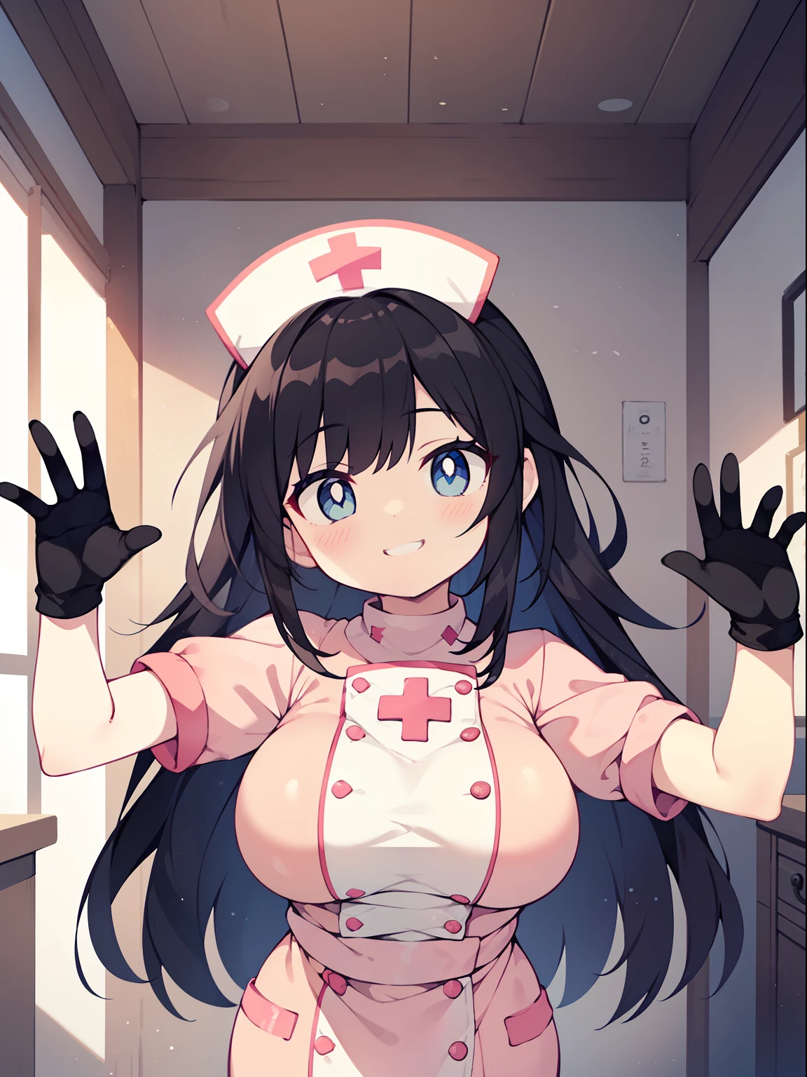 nonna, black hair, long hair, blue eyes, large breast, solo, nurse, ((white nurse cap, white nurse's outfit)), ((white legwear, zettai ryouiki)), white gloves, ((white surgical mask, covered nose)), standing, hospital room, sharp outline, short sleeves, best quality, masterpiece