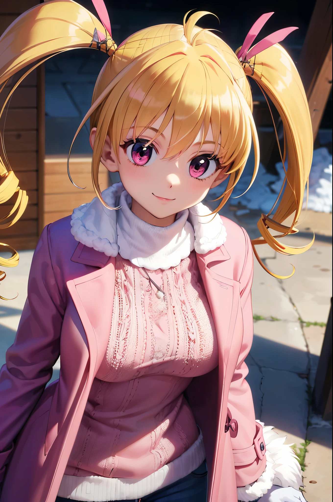 masterpiece, highest quality, High resolution, HMBK1, 1 girl, twin tails, drill hair, blonde, long hair, pink eyes, (pink collarless coat:1.3), (fur coat:1.3), (close the front of the coat:1.3), pink sweater, denim jeans, (white muffler:1.3), knit gloves, city, In front of the station, smile, extreme close up