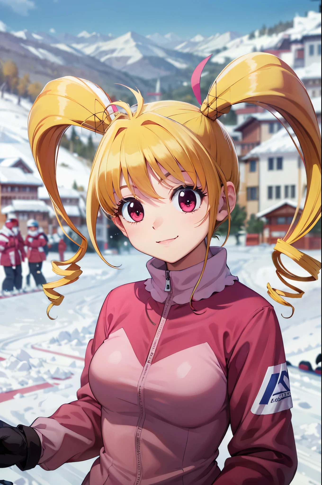 masterpiece, highest quality, High resolution, HMBK1, 1 girl, twin tails, drill hair, blonde, long hair, pink eyes, (ski wear:1.4), long pants, snow board, snow mountain, ski resort, smile, Upper body, burikko