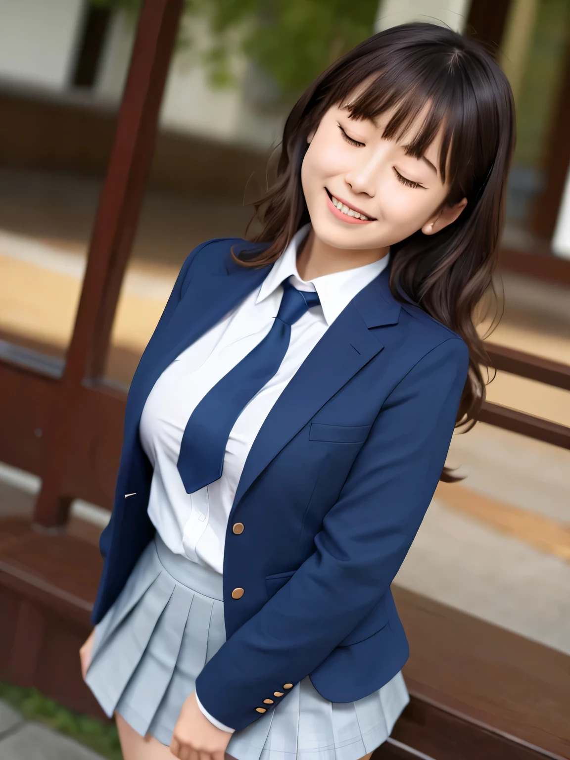 8k, highest quality, real image, intricate details, Super detailed, ultra high resolution, depth field,(realistic,realistic:1.2), (closed my eyes:1.2), (open mouth:1.4), 1 Japanese girl, very beautiful 17 year old girl, Big eyes, beautiful breasts:1.5、highly detailed eyes:1.2), (beautiful breasts:1.1), (small breasts:1.3), wavy hair、curly hair、bangs, perfect skin, Fair skin, huge hips, thick thighs, thick legs, tight waist, light blush, alone, (smile:1.4), (School_uniform),(dark blue blazer), (white shirt、wear a tie), (gray pleated skirt), (sculpture installation :1.1), break (put your hand on her crotch:1.2)
