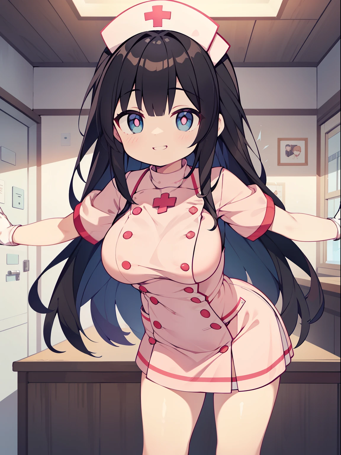 (nurse girl:1.2), (1 person:1.2),(10 year old girl)、young girl、big breasts、 nffsw、shader、highly detailed eyes、nurse costume(light pink nurse uniform、private server、silk gloves、mini skirt)、long straight hair、underride 、black hair、silky hair、super complex pupil of the eye、highest quality、bright colors、bust 100、game portrait、stirring composition、Composition looking up from below、Lift your with your hands、Pose that emphasizes the chest、fold your arms、grinning expression、eyes half closed、open your mouth、fold your hands behind your back、Hide your hands、evil smile、whole body、beautiful