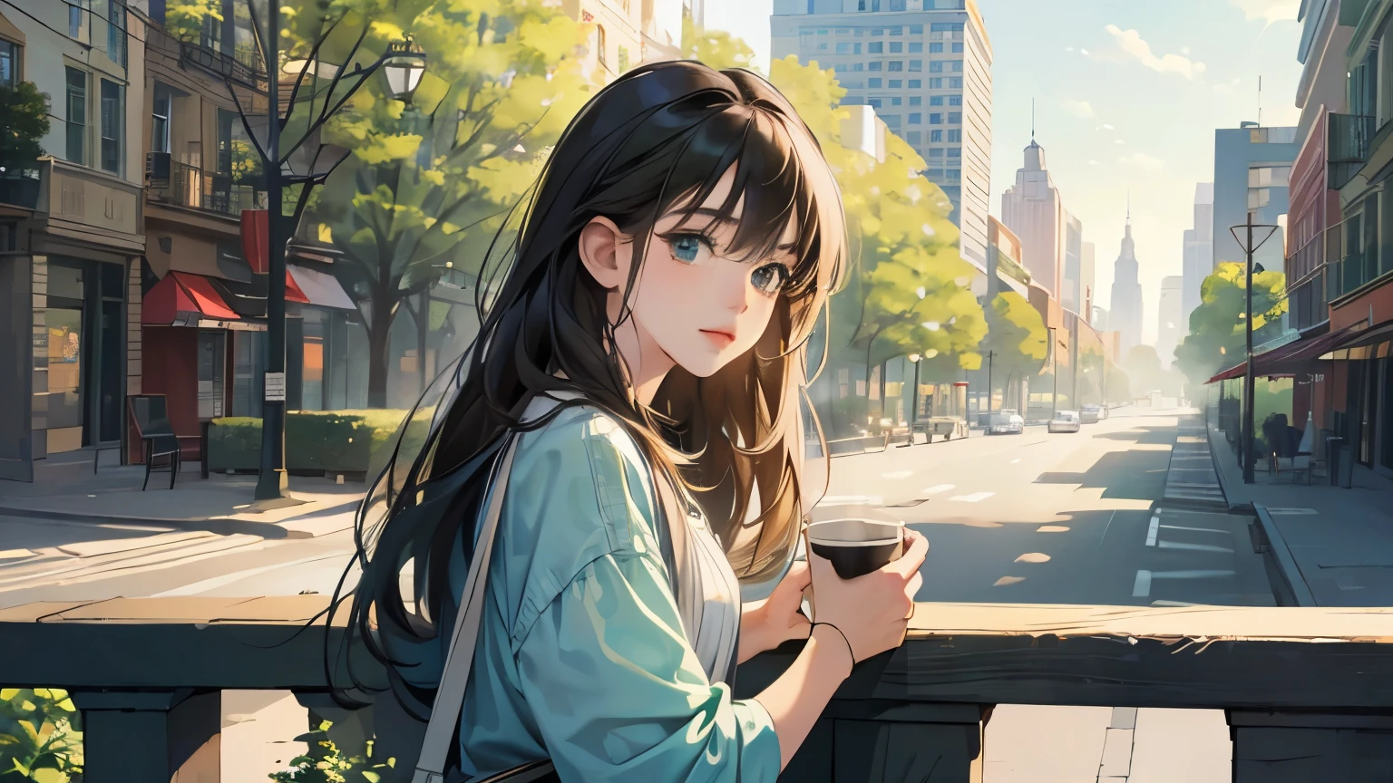((masterpiece)),(((bestquality))),((ultra-detailed)) realisticlying, 1 girl, Beautiful,  enjoying coffee  solo,  The sky turnsat morning,  looking to viewer, soft green, city.