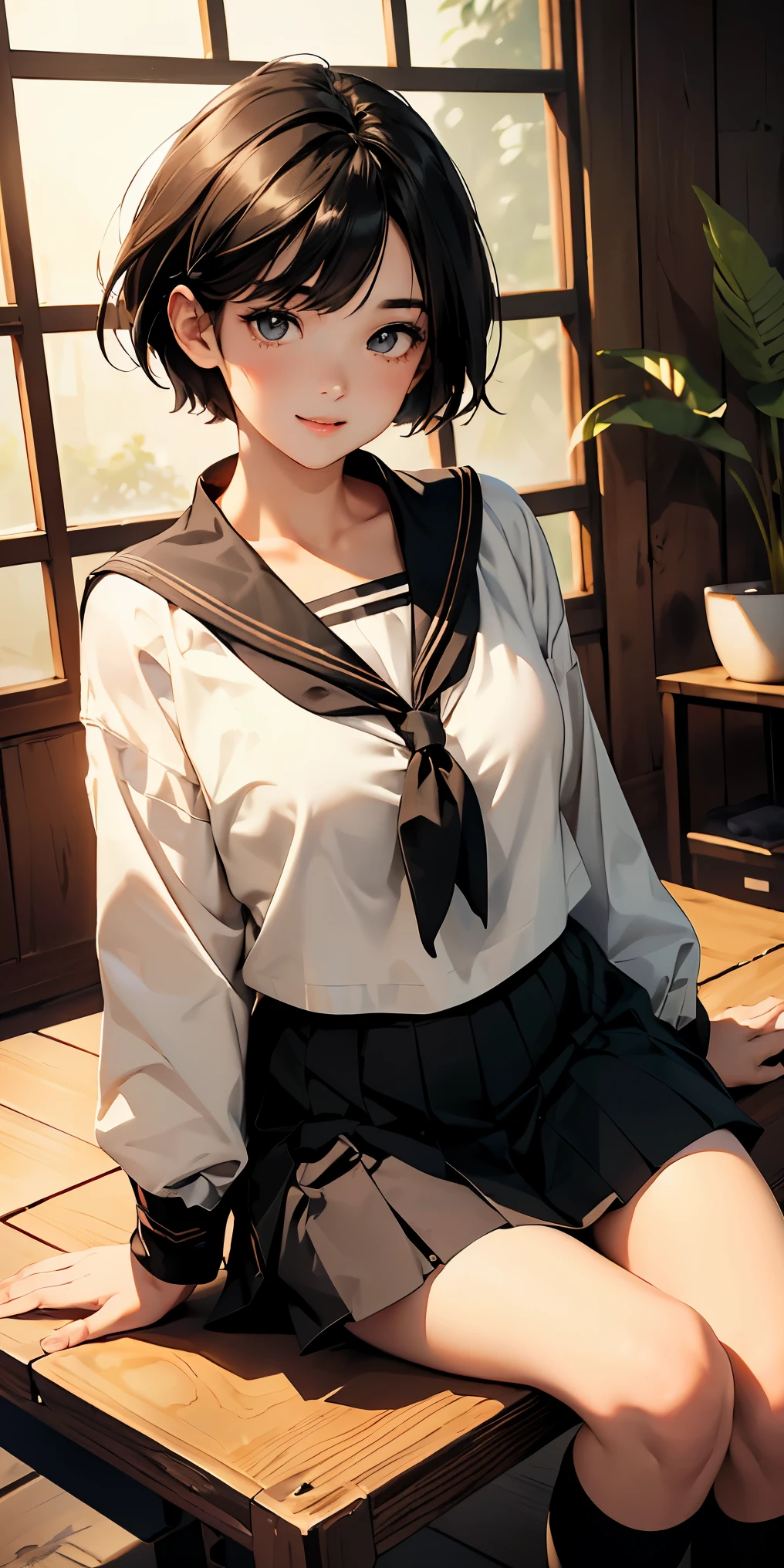 1girl in、A smile、The shirt、skirt by the、（small tits）Chilarism、Japan High School Student Uniform、serafuku、summer clothing、（Sheer Bra）、Upper body portrait、Dynamism!!Running with the wind、sit a chair、