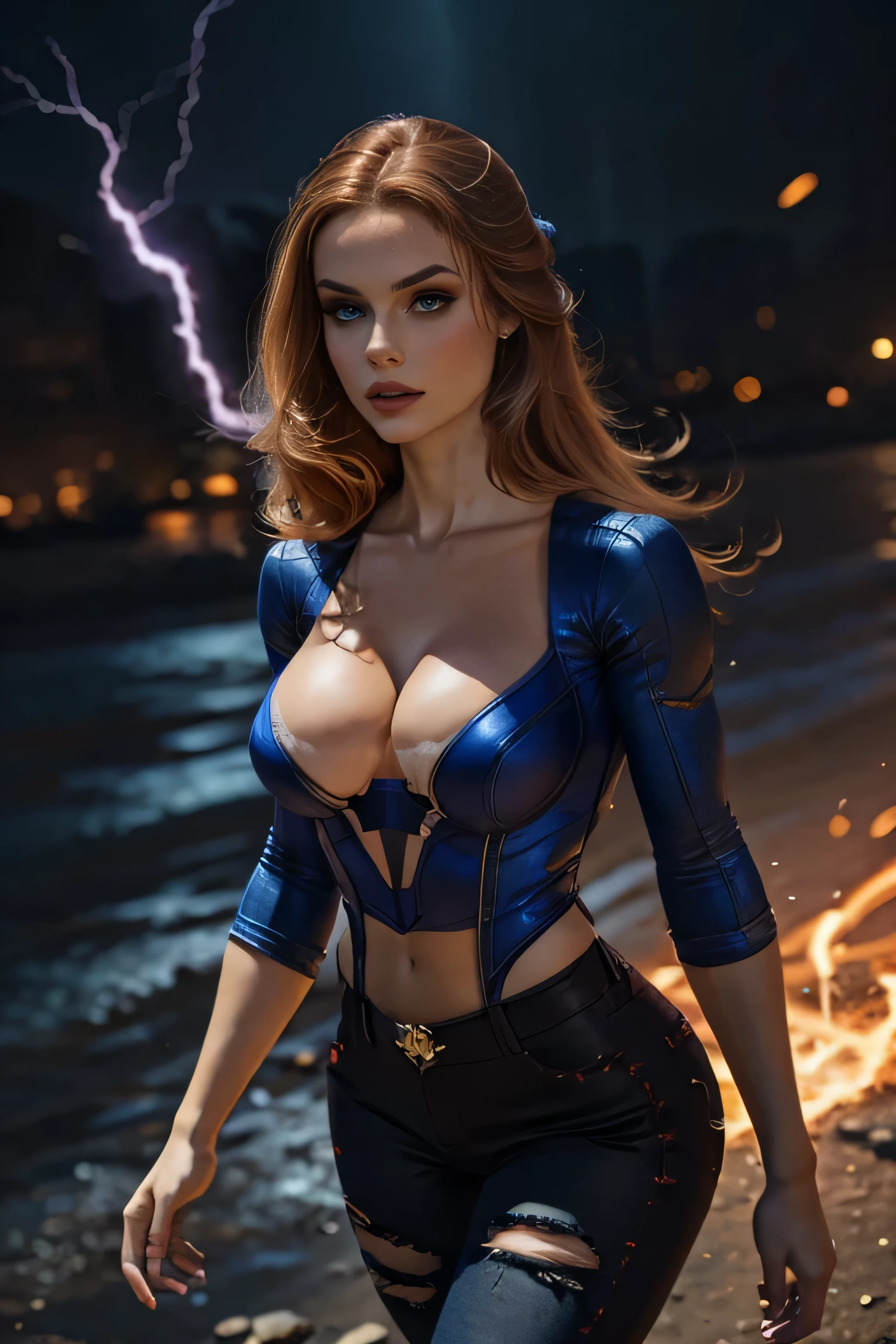 sexy electric based superheroine has redhead, (blue outfit) (wears jeans) full body portrait (she is using lightning powers) photography by artgerm, in the style of realism, glistening skin, , natural lighting, Defined full lips. Muscular fitness feminine body