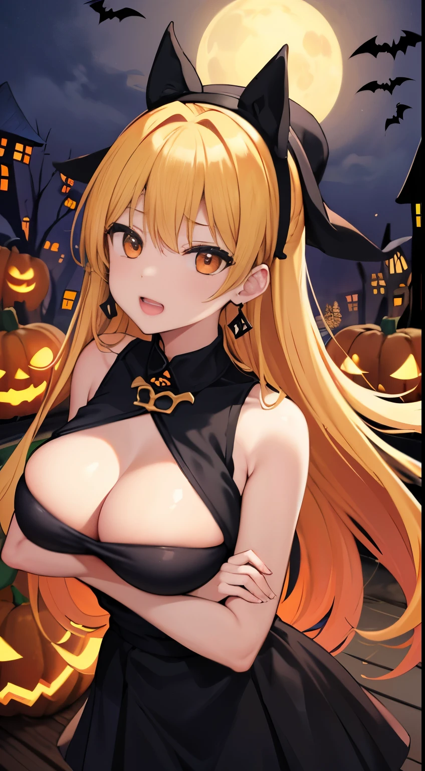 最high quality、best image quality、masterpiece、 girl((12 yearwizard hat、young face、young girl、black and orange sexy clothes,orange and black skirt、orange muffler,vest bust、bust 100、big 、big breasts、blonde long hair,black eye、Open your chest wide、valley、happiness、thin、blood coating、laugh at、chest strengthening、Batのタトゥー、gold earrings、Beckon motion、cross your arms behind your back、leaning forward)）high quality、beautiful art、With background((night、dark sky、Halloween at night、Bat、Pumpkin,nightmare、Halloween、in the forest))、depth(beautiful black house),table top、elaborate design、visual art、high-priced contract、best lighting、most detailed、Low - Angle