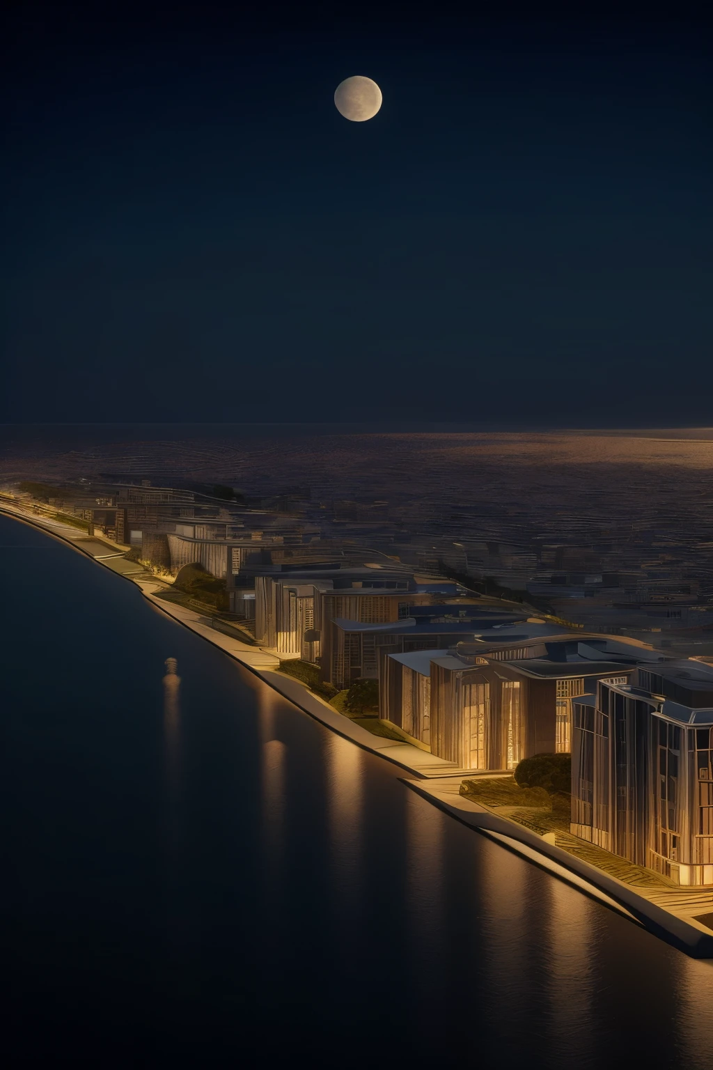 A 3D model showcasing a coastal cityscape, embellished with the soft illumination of a full moon, revealing the intricate architectural details of buildings, streets, and waterfronts. This captivating creation captures the serene atmosphere that emerges from Earth's harmonious connection with its celestial companion.