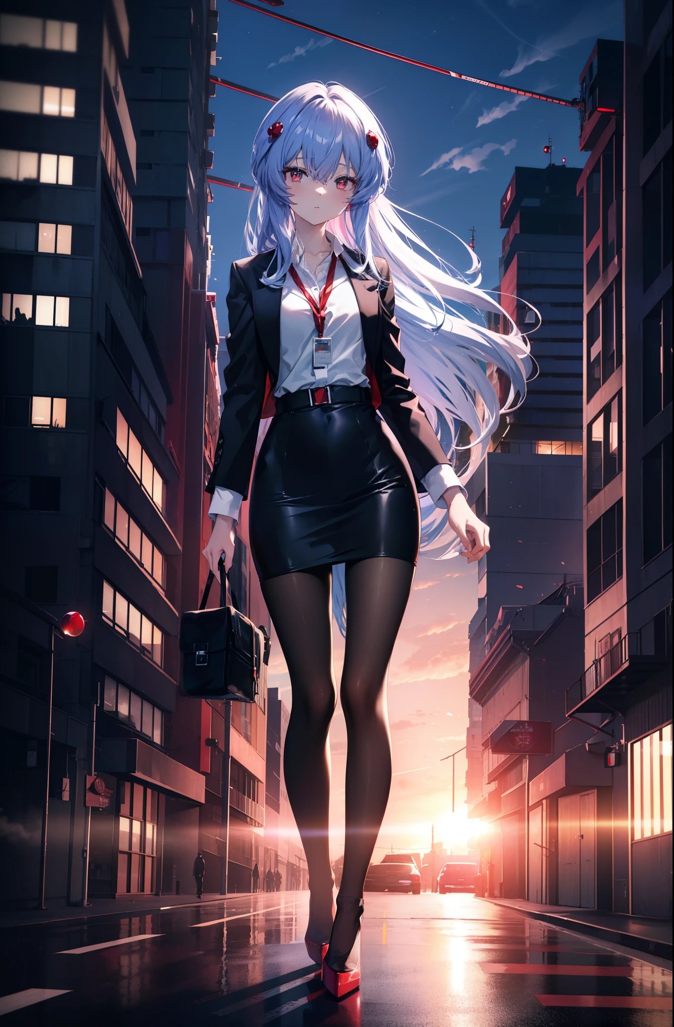 reiayanami, rei ayanami, blue hair, long hair, (red ruby eyes:1.5),blush,OL, end, black suit jacket, collared jacket, white dress shirt, collared shirt, neckline, button, strap, ID card on neck, black pencil skirt, black pantyhose,stiletto heels,business bag,evening,sunset,whole body,look away,embarrassing,blush,
break outdoors, city,Destroy the building area (masterpiece:1.2), highest quality, High resolution, unity 8k wallpaper, (figure:0.8), (detailed and beautiful eyes:1.6), highly detailed face, perfect lighting, Very detailed CG, (perfect hands, perfect anatomy),