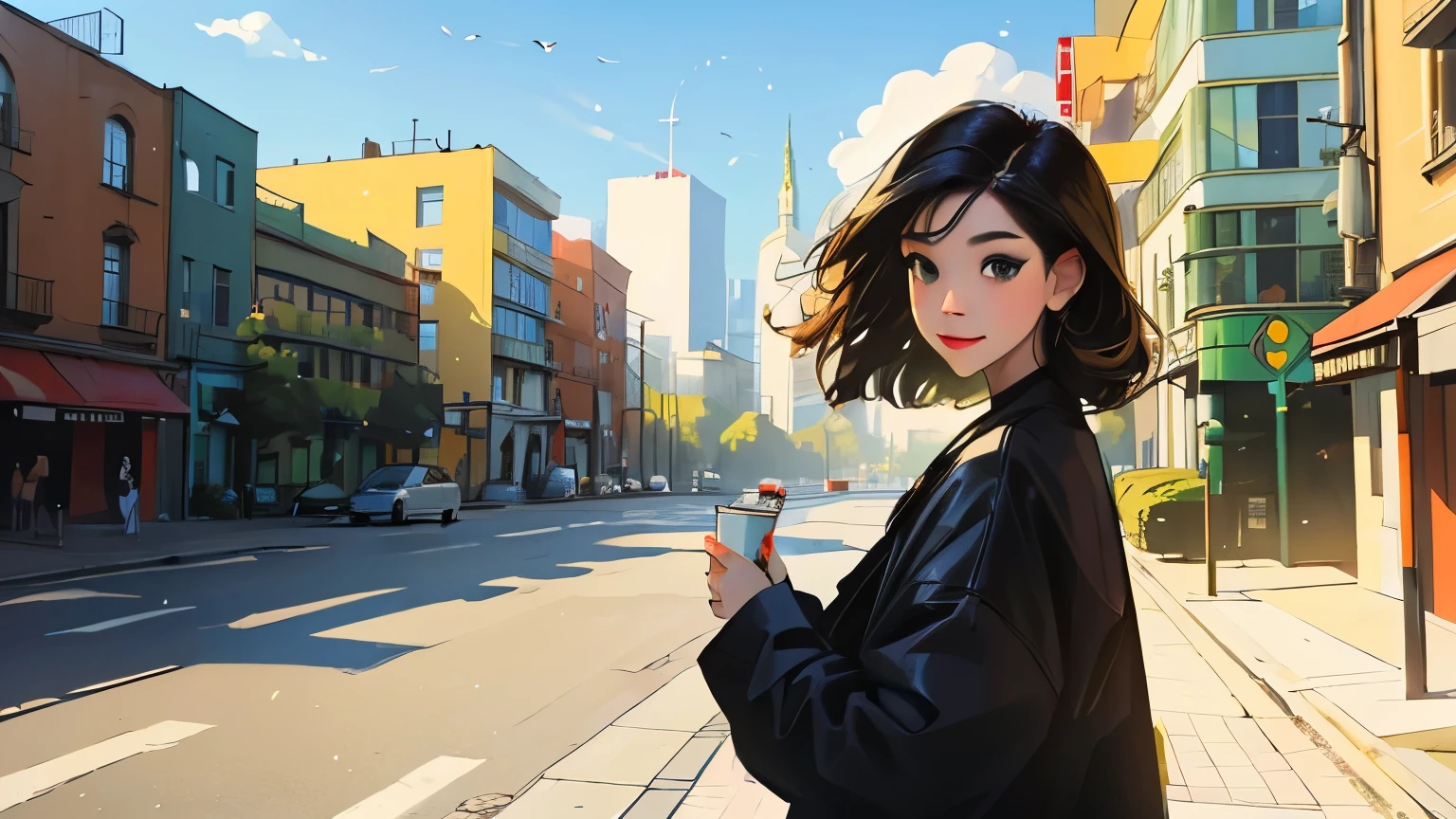 ((masterpiece)),(((bestquality))),((ultra-detailed)) realisticlying, 1 girl, Beautiful, black hair, coke, happy, solo, The sky turnsat morning, looking to viewer, soft green, city.