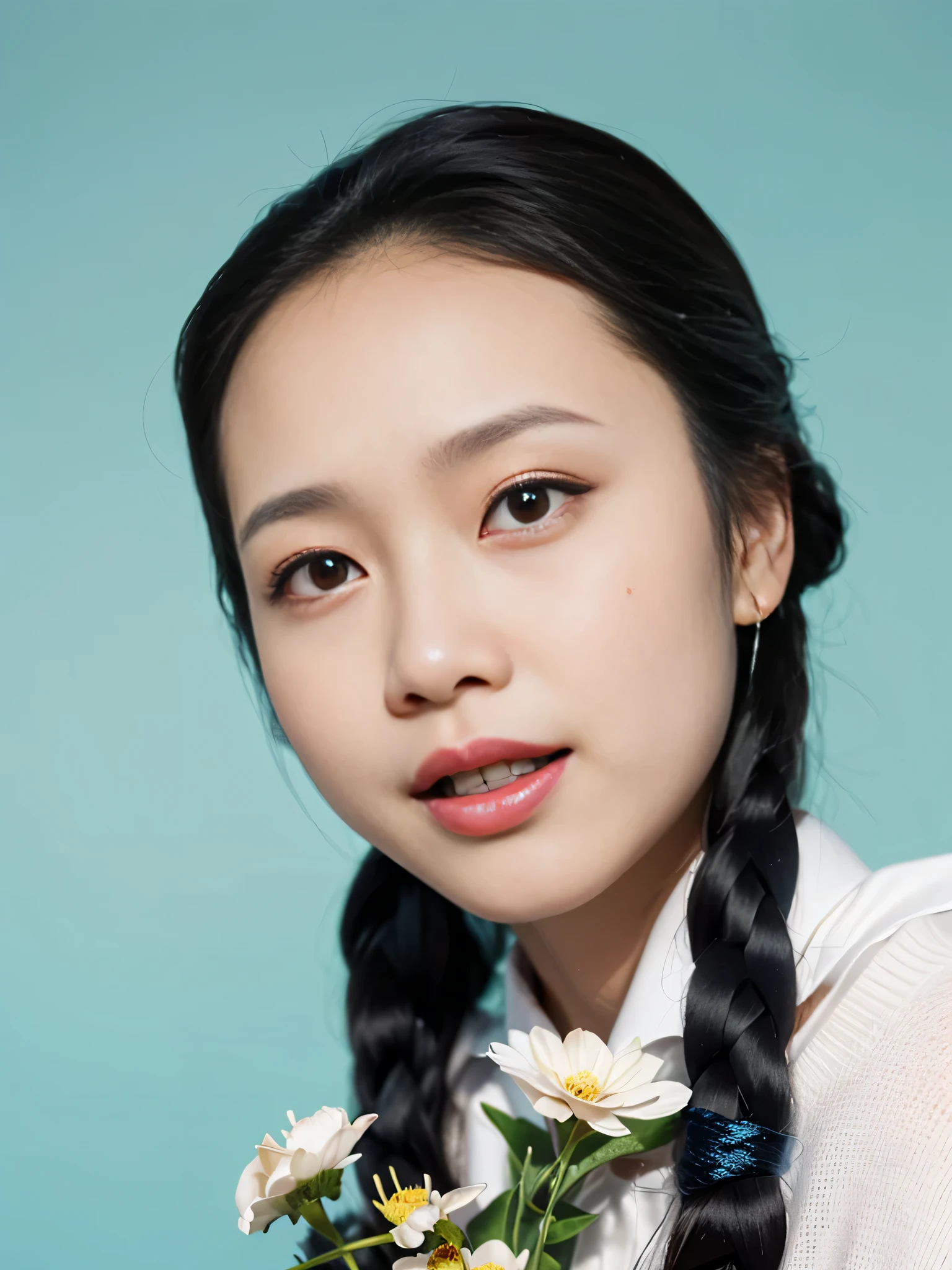 Highly realistic photo, ((masterpiece), (best quality), (raw photo), (photorealistic:1.4), Portrait of Vietnamese woman, (18 years old), ((wearing a white shirt)), ((black hair braided on both sides)), holding flowers in her hand ,((light blue background)) , photo taken by Sony A7IV