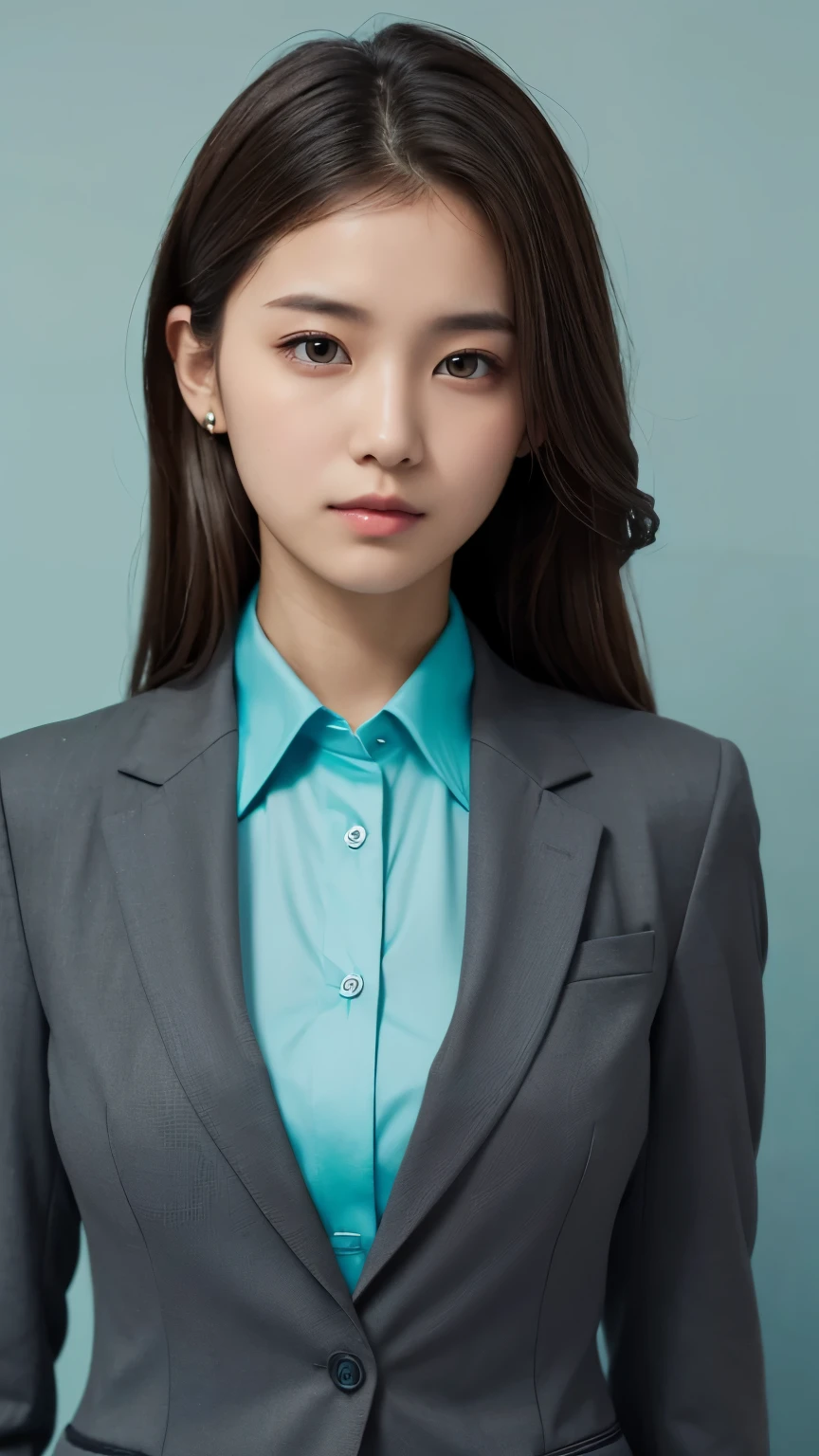 portrait, ((gray background)), pretty girl, brown hair, dark eyes, ((cyan shirt, dark gray suit)), A softly facing forward