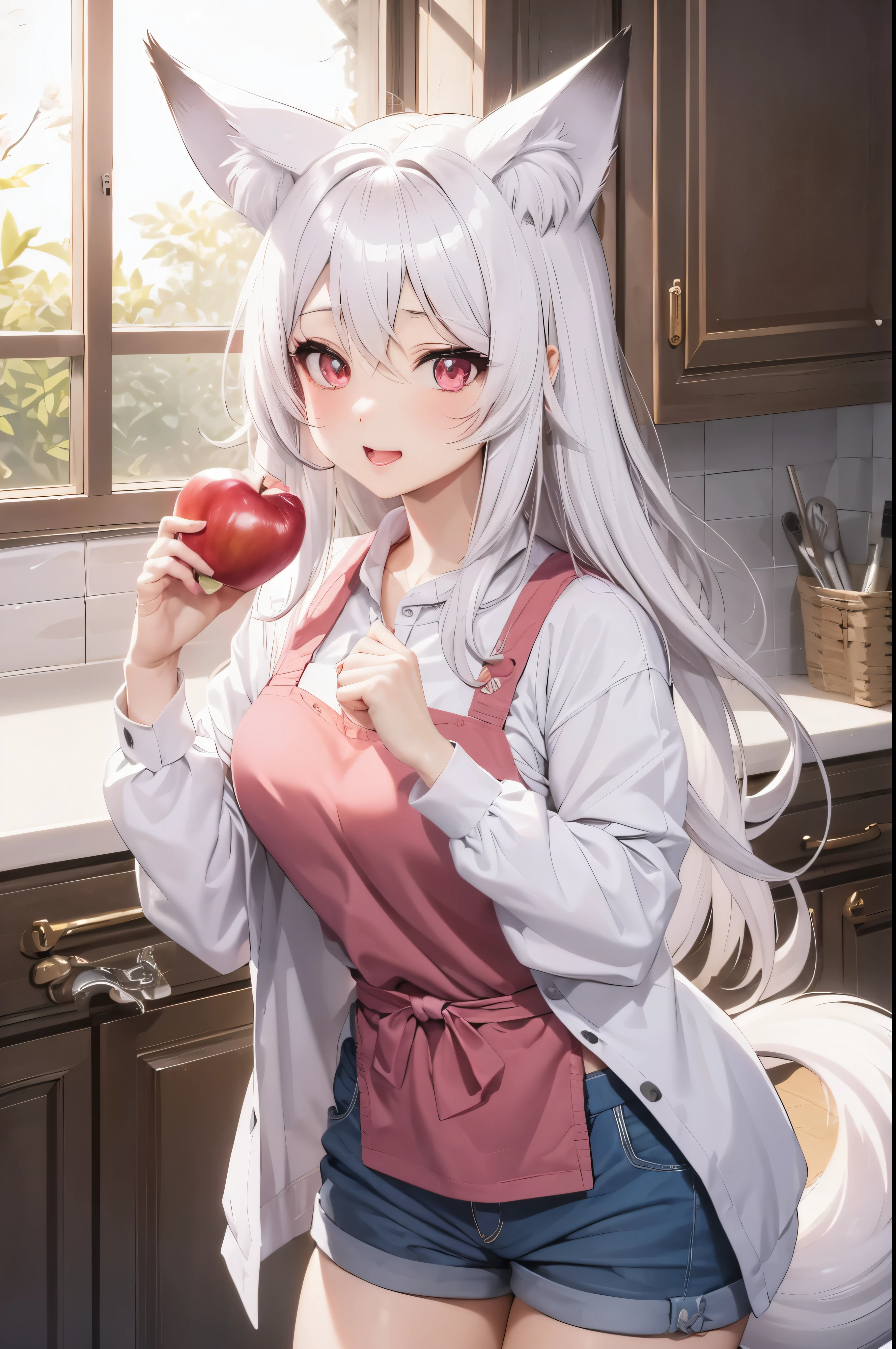 anime chica con por blanco and pink eyes holding an apple, por blanco deity, perfect por blanco girl, zorro de por blanco, por blanco, chica con por blanco, por blanco lady, arte oficial, Cabello plateado (Cola de caballo), nyaruko-san, Arte Oficialwork, por blanco, , cushart krenz arte clave femenina, Sakimi-chan (ojos rosados) (hermosa chica) (orejas de gato) 