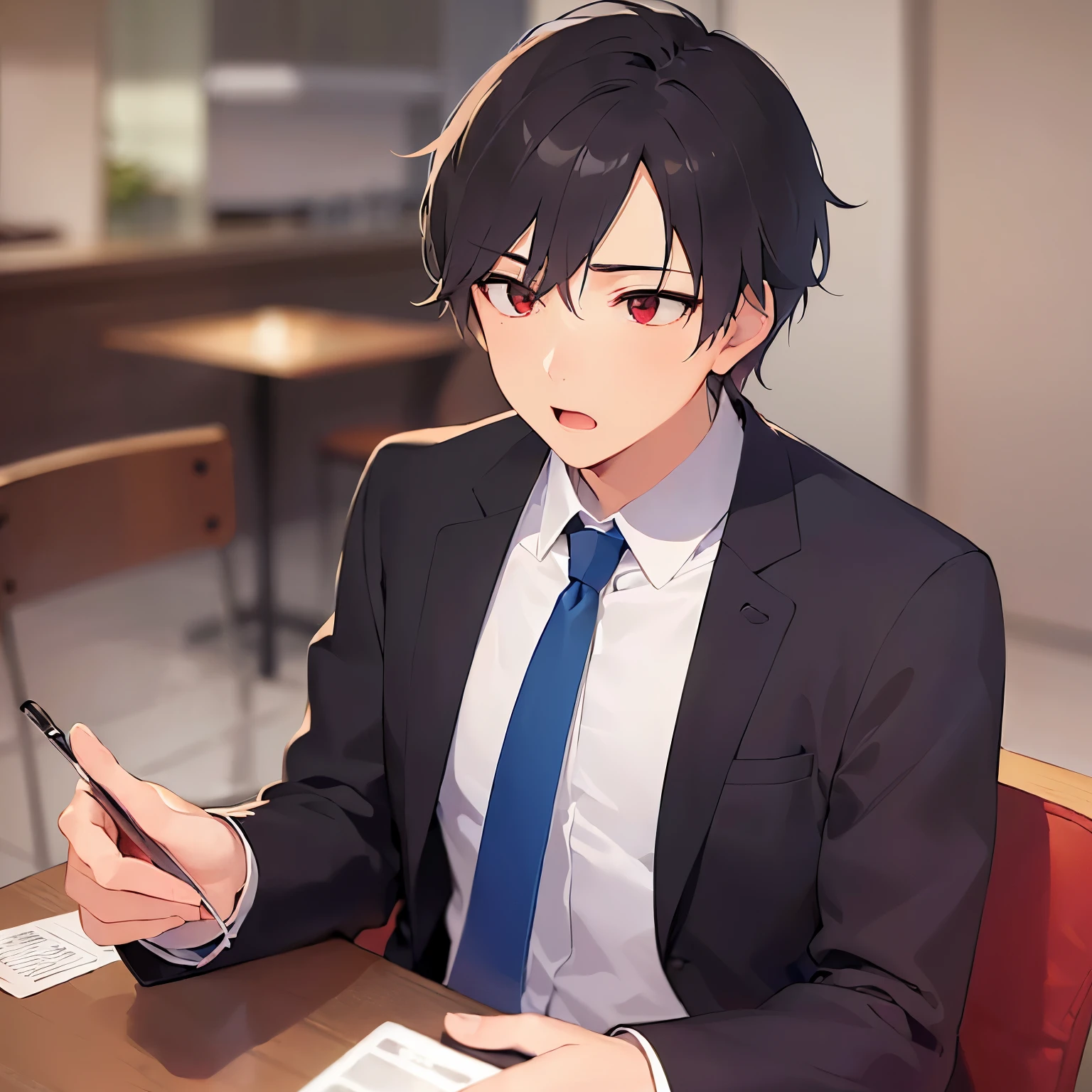 (looking away:1.5)、masterpiece、highest quality、(25 year old male:1.5) and (brown short hair) and (red eyes), wearing a gray suit、wearing a white shirt、Wearing a blue tie、sitting、confused、open mouth, The background is a restaurant、(Alone:1.5)
