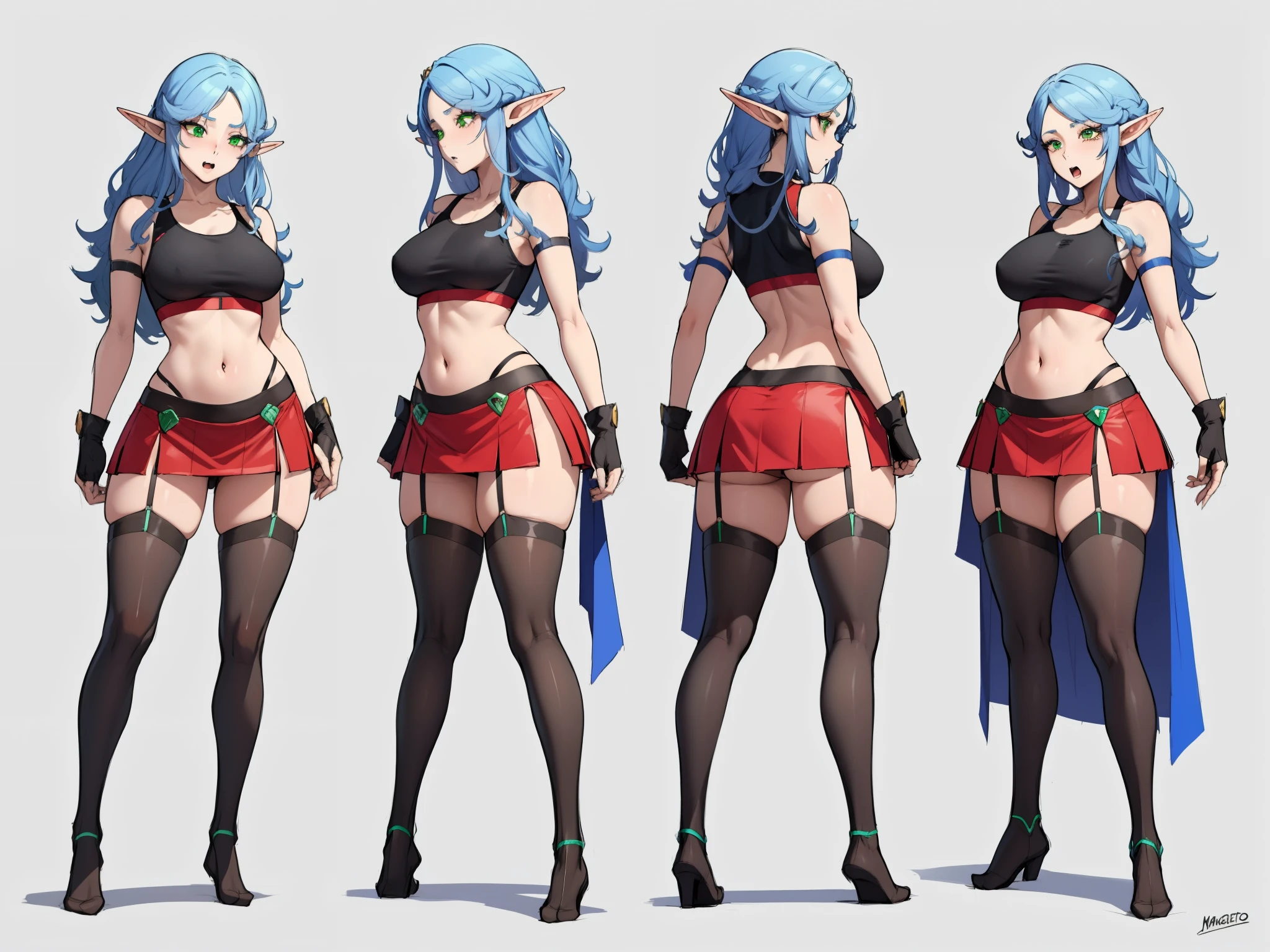 Elf woman, light skin, green eyes, long blue hair, fangs, medium breasts, long shapely legs, combat gloves, tight sports bra, mini skirt, high stockings, 8k, hd, masterpiece, white background, full body, character design sketch in various perspectives, rear, front, 3 /4, profile