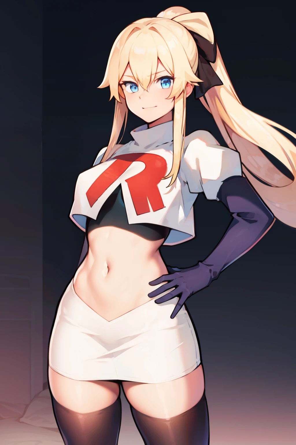 absurdres, highres, (official art, beautiful and aesthetic:1.2), ultra detail, beautiful person, bangs, blue eyes, blonde hair, long hair, hair between eyes, ponytail,
gloves, bow, hair between eyes, ponytail, hair bow, sidelocks, jean \(genshin impact\),
team rocket,team rocket uniform,white skirt,red letter R,crop top,black thigh-highs,black elbow gloves,