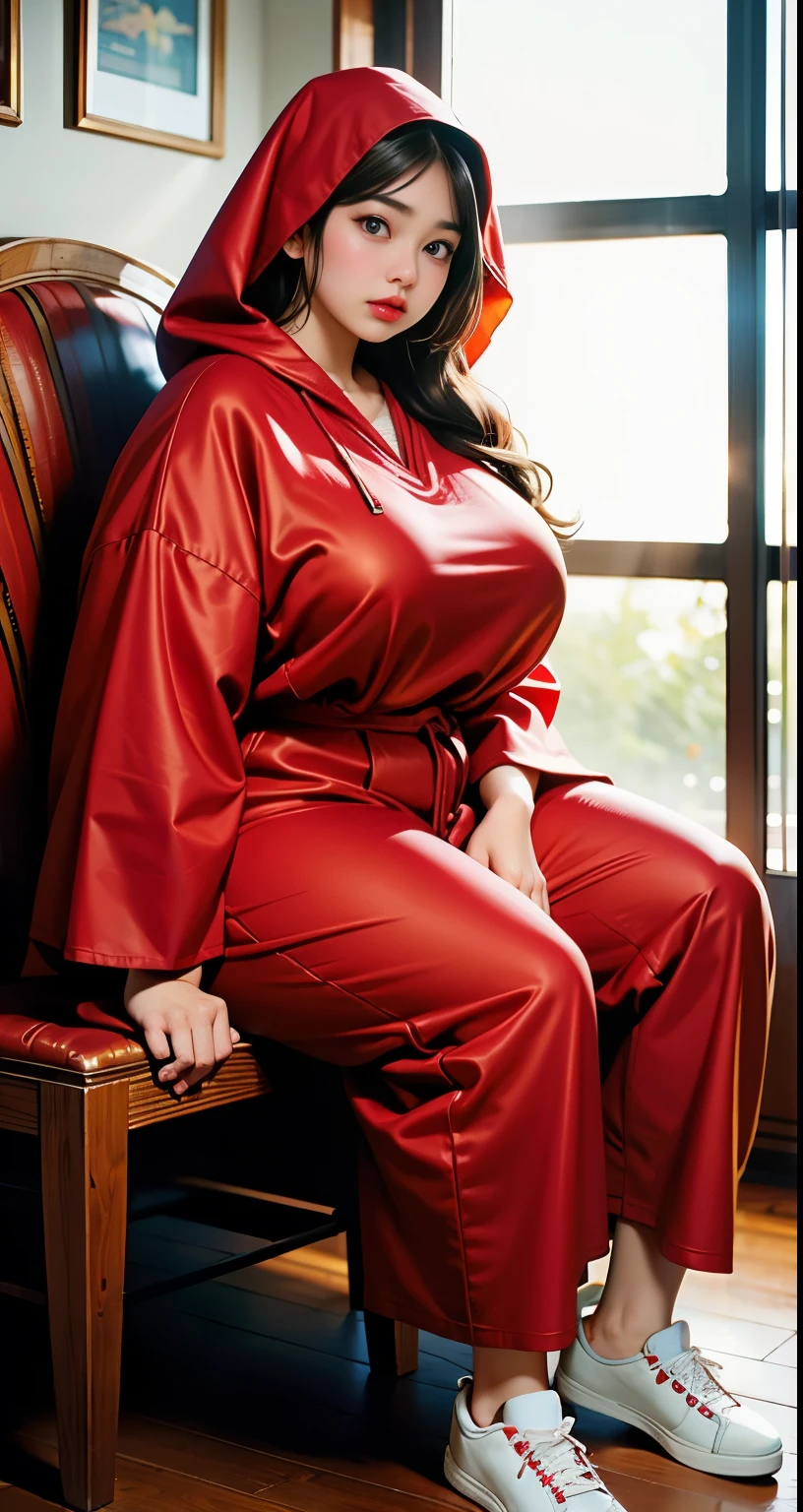 there is a woman sitting down with a longest brown hair, bbwchan, thicc, brown hijab outfit, brown hairstyle model, korean girl, korean woman, wearing brown robe, full length shot, alluring plus sized model, japanese goddess, clothed in hooded, voluptuous and arousing, portrait shot, curvy model, voluptuous body, wonderful, nene tanaka body , bbwchan, The overall atmosphere is smooth , haunting illustrations, extremely high-resolution details, photographic, realism pushed to extreme, fine texture, 4k, ultra-detailed, high quality, high contrast, red sneakers , cold atmosphere ,,