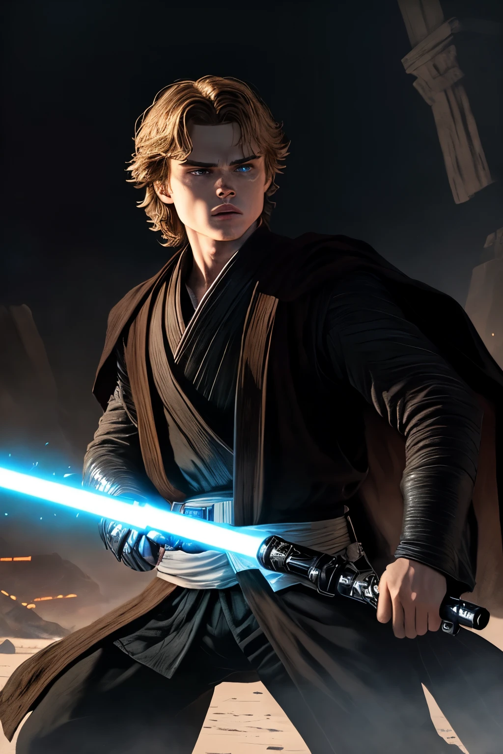 A dramatic and intense scene unfolds as Anakin Skywalker, once a respected Jedi Master, stands defiantly amidst the ruins of the Jedi Temple. His once serene features are now etched with anger and determination as he faces off against several clone troopers, their armor gleaming in the dim temple light. Anakin's robes are disheveled, and his lightsaber flashes brightly in the darkness as he deftly parries their blows. Sweat beads on his brow as he fights with every fiber of his being, every muscle straining with effort. The air is thick with tension and the weight of the moment as Anakin, now